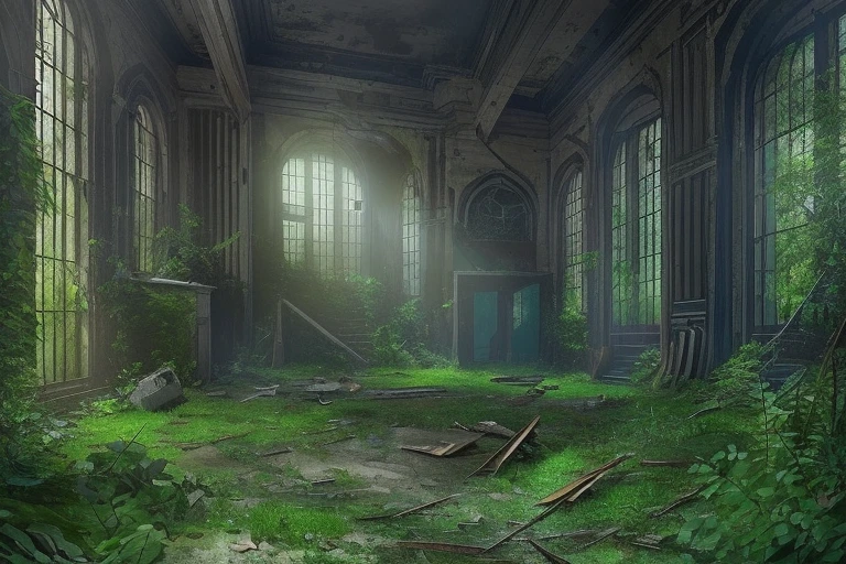 "Abandoned City, post-apocalyptic scenery, desolate and eerie atmosphere, crumbling buildings, overgrown vegetation, hauntingly beautiful, dramatic lighting, scattered debris, a sense of mystery and melancholy."