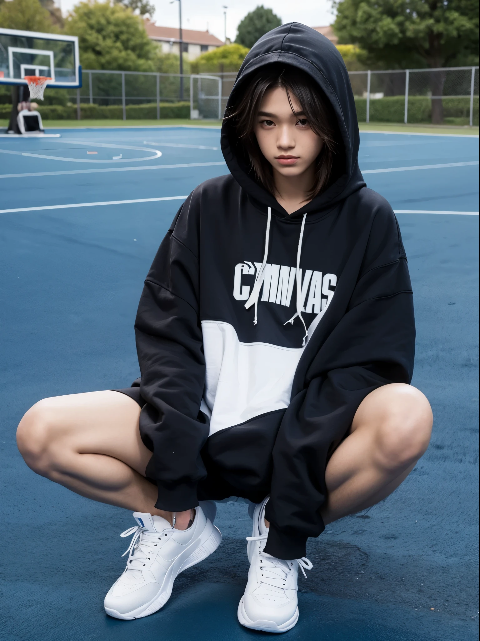boy, 19y.o, comma hair, hoodie, basketball court