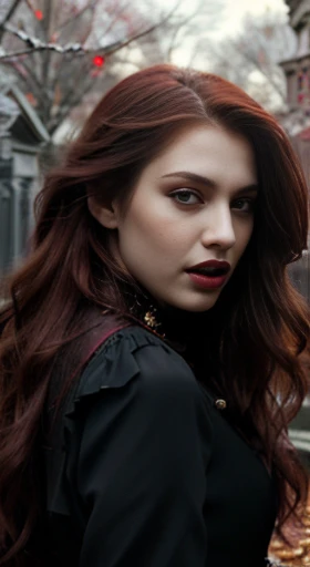 (best quality,ultra-detailed,photorealistic),young vampire woman, beautiful bright eyes, dark red mascara, detailed lips, vampire like makeup, pensive expression, soft lighting,vibrant colors, long flowing Reddish hair, stylish vampire outfit, cemetery background, dark night,serene atmosphere, hourglass figure, 4k details, erotic face,  full body pose,  shown vampire teeth