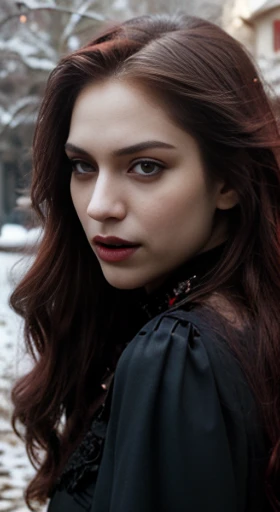 (best quality,ultra-detailed,photorealistic),young vampire woman, beautiful bright eyes, dark red mascara, detailed lips, vampire like makeup, pensive expression, soft lighting,vibrant colors, long flowing Reddish hair, stylish vampire outfit, cemetery background, dark night,serene atmosphere, hourglass figure, 4k details, erotic face,  full body pose,  shown vampire teeth