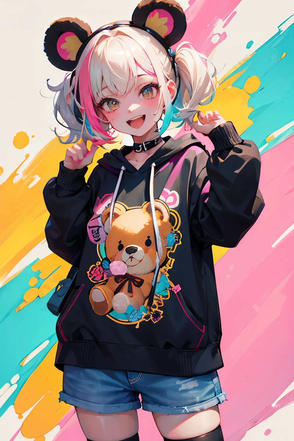 (illustratio:1.3)Teddy bear with girl smiling with open mouth,Painted with multicolored inks,Punk style,Innocent, bear ears ,Radiant,Delicate,high-level image quality,Honey is dripping