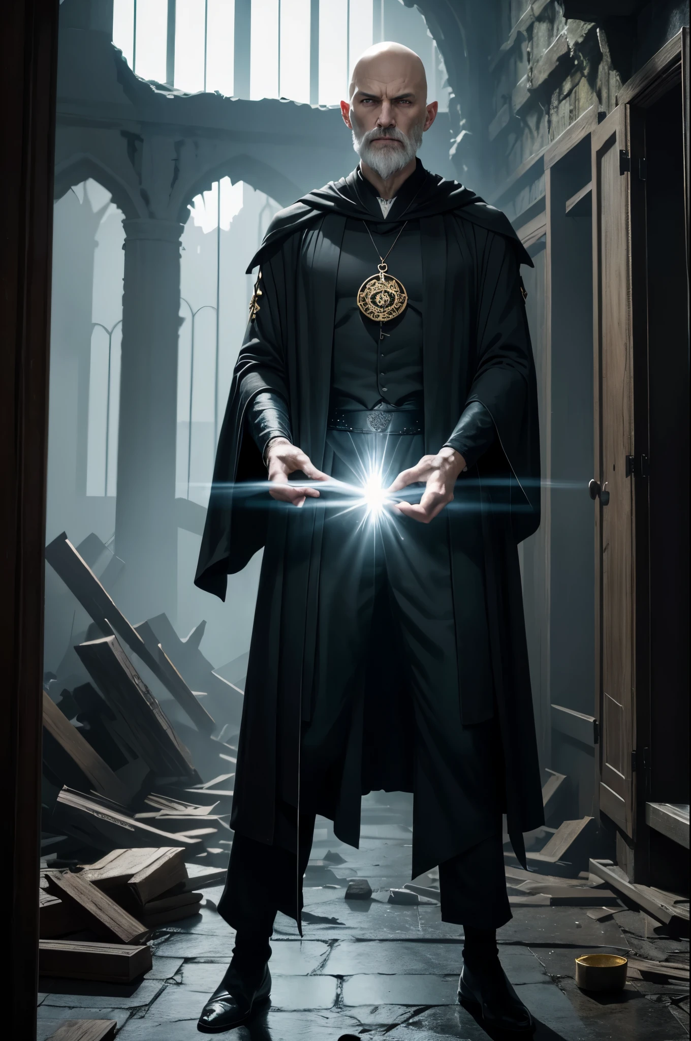 8K,Bald wizard in his 50s,The lean wizard wears flowing black robes, slender body.Rugged look(Like the real thing), pale eyes,real looking skin,A powerful beam of energy is emitted from the magician&#39;s hands.(pale magic effect),In the ruins, A monster in the ruined hallway,A place where pale light shines through a broken window.the air is thick and dark, full of mystery and magic.Acrylic paint on canvas, Accurate and vivid brushstrokes,超A high resolution,A hyper-realistic,black magic costume(magician emblem),Black pants,golden talisman,