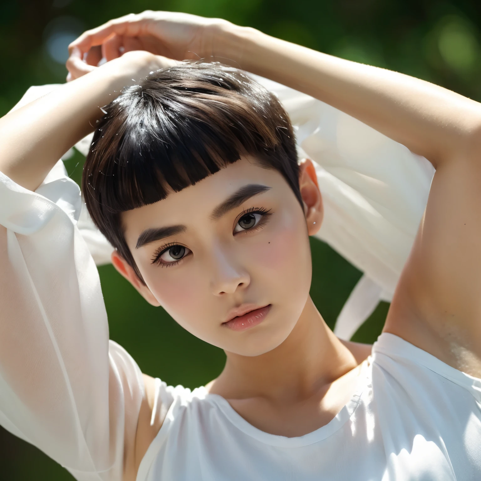 ((Woman Buzz Cut))、very thick eyebrows、Black eyebrows、Armpit hair