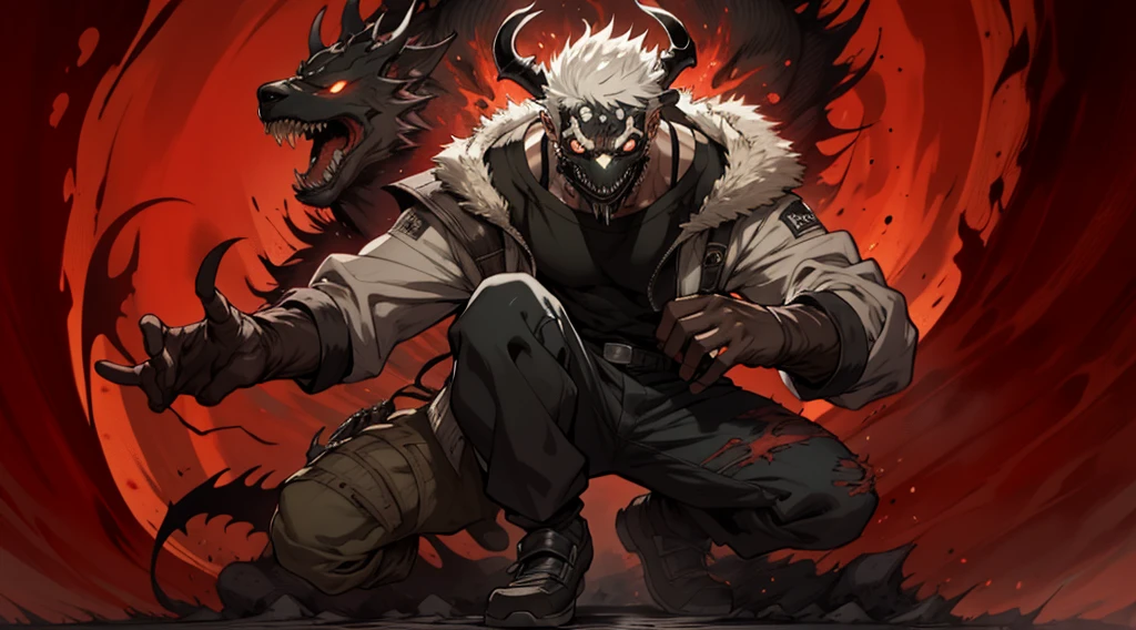 um close de um monstro com rosto e garras ensanguentados, momoshiki ōtsutsuki, Dorohedoro, como personagem em tekken, lobisomem musculoso, Akira, Mitologia Chinesa, fat ripped satanic creature, Estilo de Yoshitaka Amano, Venomfang, Gama Murata Yoshitaka Amano, Arte de Tsutomu Nihei
