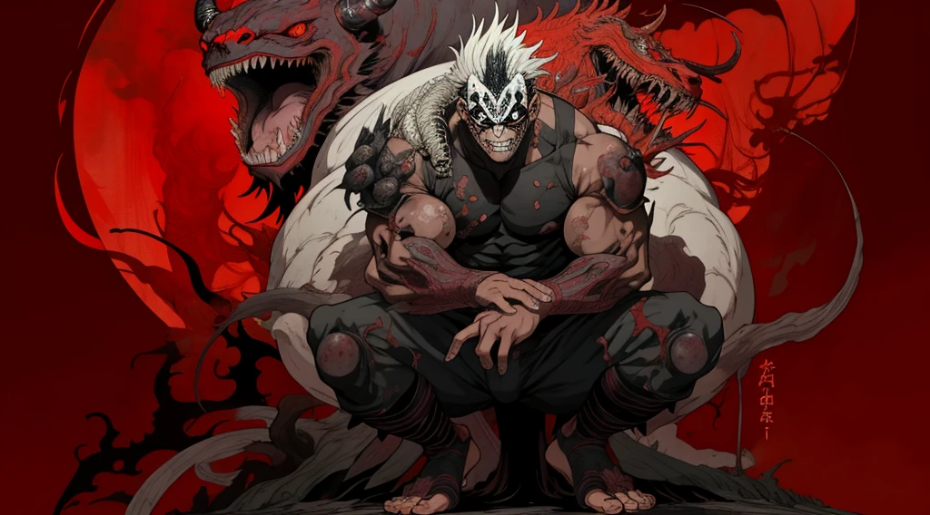 um close de um monstro com rosto e garras ensanguentados, momoshiki ōtsutsuki, Dorohedoro, como personagem em tekken, lobisomem musculoso, Akira, Mitologia Chinesa, fat ripped satanic creature, Estilo de Yoshitaka Amano, Venomfang, Gama Murata Yoshitaka Amano, Arte de Tsutomu Nihei