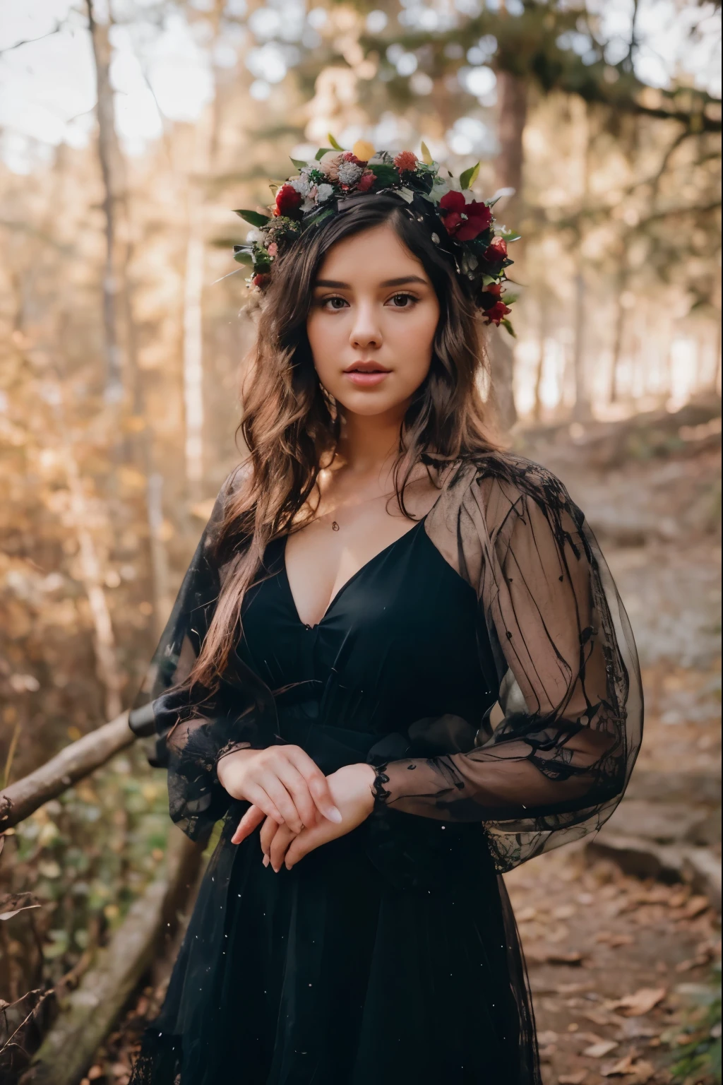 a beautiful, elegant fat plus size young woman. She is 28 years old.  The woman has medium-length wavy dark black hair with side bangs. The atmosphere is mystical in the forest and she must have her mouth shut. Your hand must be realistic human. Well-groomed and realistic hands. Photo with 8k quality and blur.