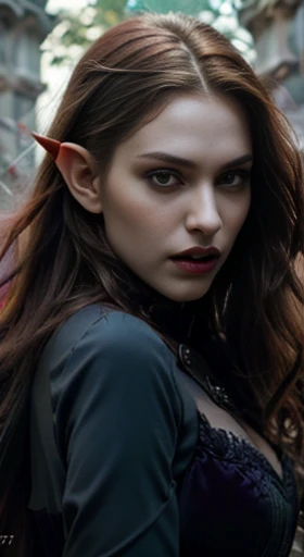 (best quality,ultra-detailed,photorealistic),young elf woman, beautiful bright eyes, dark red mascara, detailed lips, vampire like makeup, pensive expression, soft lighting,vibrant colors, long flowing Reddish hair, stylish vampire outfit, cemetery background, dark night,serene atmosphere, hourglass figure, 4k details, erotic face, full body pose, shown vampire teeth