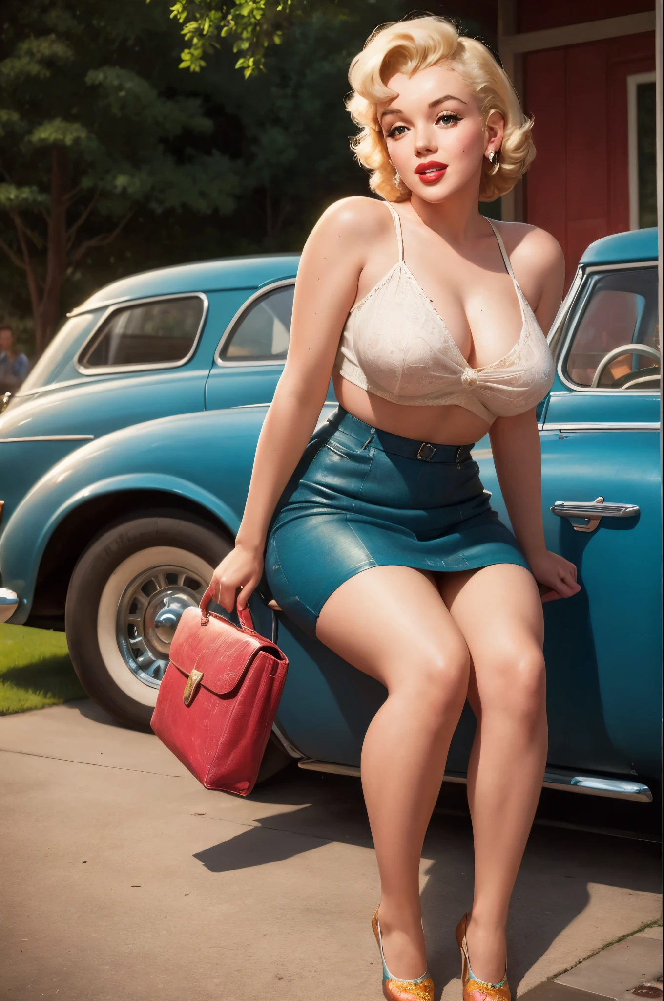 20 years old Marilyn Monroe sitting on the ground sheet, in front of a retro car, vintage, retro pin up style, sexy, detailed everything, surprised, mini tight skirt, flowing skirt, hyper realism, intricate detailed,colorful , Harmony color scheme, masterpieces art work, illustrated,