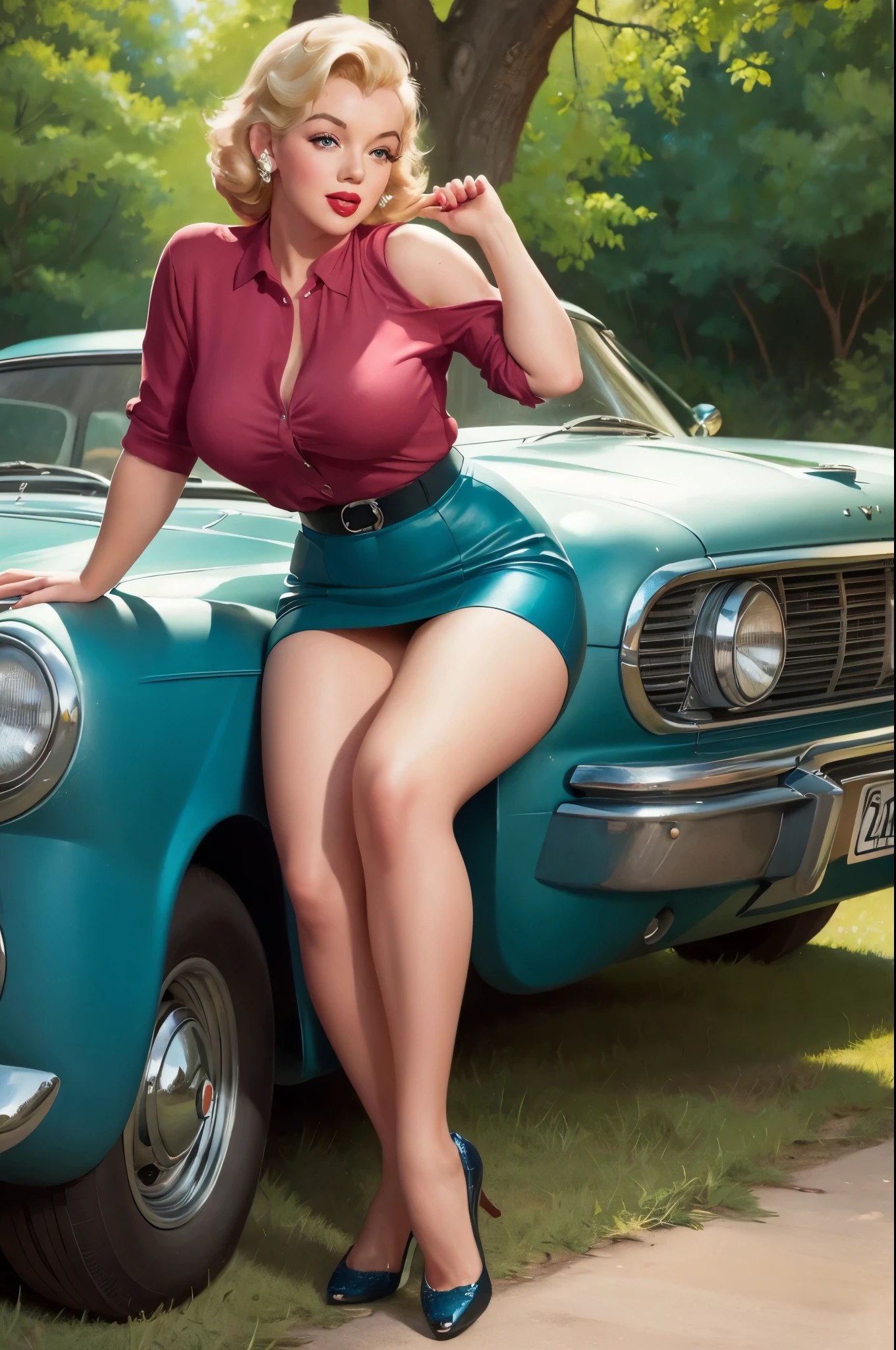 20 years old Marilyn Monroe sitting on the ground sheet, in front of a retro car, vintage, retro pin up style, sexy, detailed everything, surprised, mini tight skirt, flowing skirt, hyper realism, intricate detailed,colorful , Harmony color scheme, masterpieces art work, illustrated,