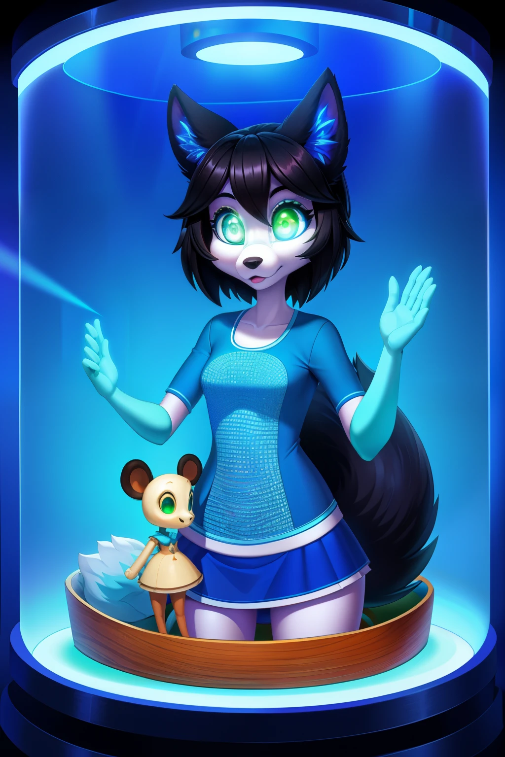 1girl, housewife, wolf anthro, black hair, green eyes, glowing eyes, blue sportswear, glass case, mind-controlled, hypnotized, attention, hollow eyes, 3D Disney style, full body