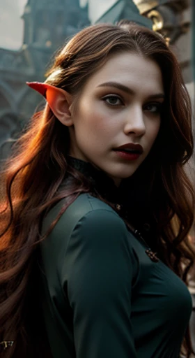 (best quality,ultra-detailed,photorealistic),young elf woman, beautiful bright eyes, dark red mascara, detailed lips, elf like makeup, pensive expression, soft lighting,vibrant colors, long flowing Reddish hair, stylish vampire outfit, cemetery background, dark night,serene atmosphere, hourglass figure, 4k details, erotic face, full body pose, shown vampire teeth