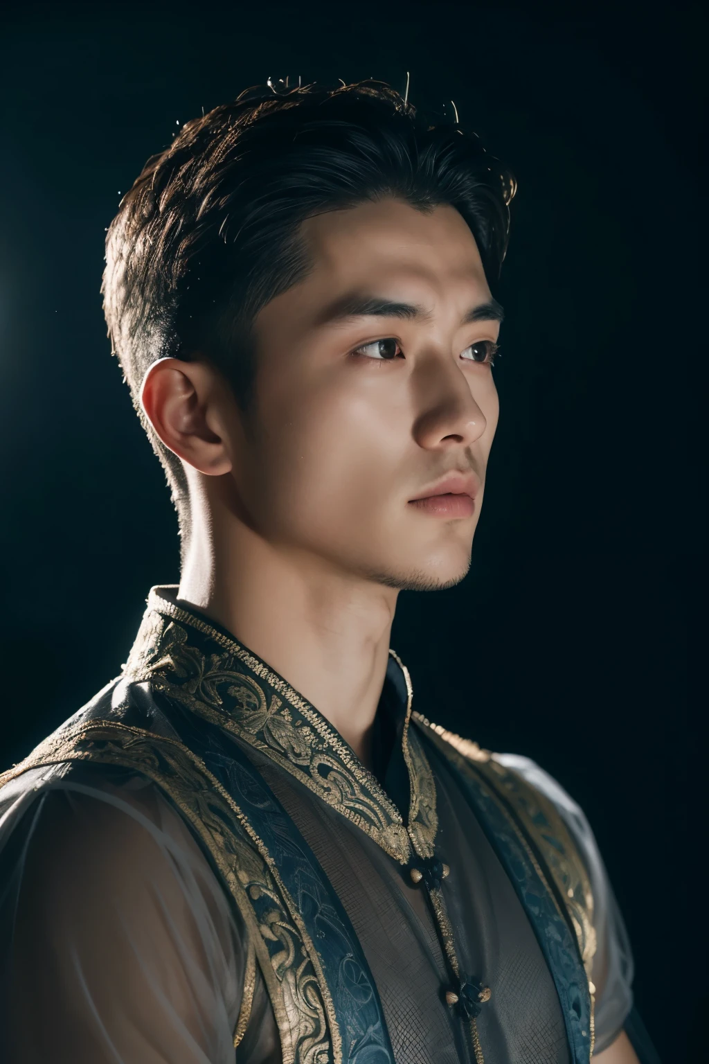 (8K, RAW photo, Highest quality),Realistic,1 man,frontage，Intricate details,Closed mouth,Muscular male,Manly,looks away,Male focus,Solo,Transparent tulle，Chinese Tang Dynasty,18-year-old man，Night sky,Soft lighting,Cinematic lighting,Portrait,Close-up,Lovingly