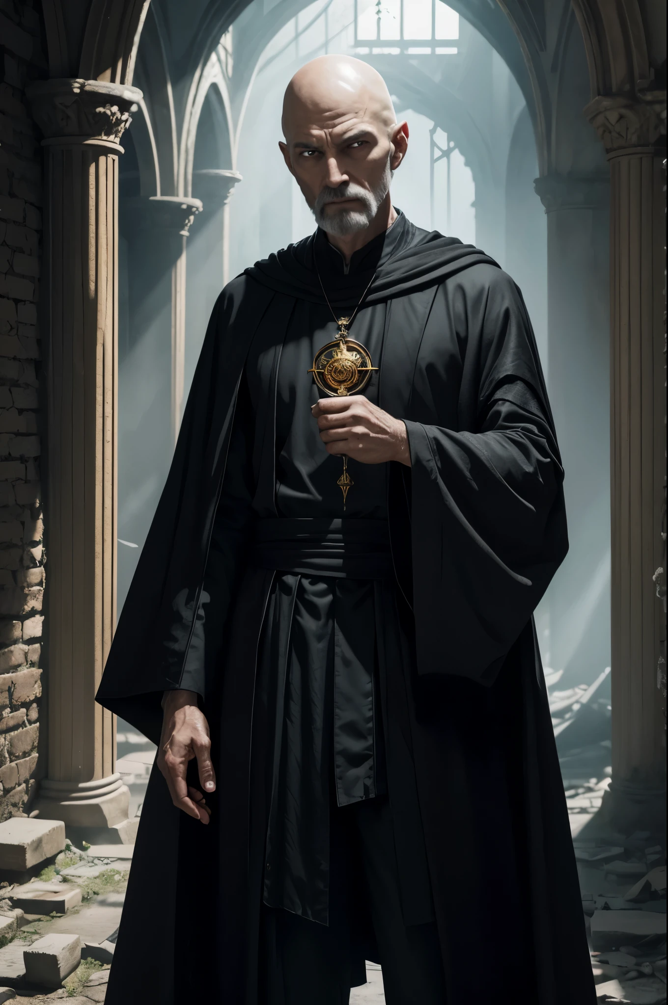 8K,Bald wizard in his 50s,The lean wizard wears flowing black robes, slender body.Rugged look(Like the real thing), pale eyes,real looking skin,A powerful beam of energy is emitted from the magician's hands.(pale magic effect),In the ruins, A monster in the ruined hallway,A place where pale light shines through a broken window.the air is thick and dark, full of mystery and magic.Acrylic paint on canvas, Accurate and vivid brushstrokes,超A high resolution,A hyper-realistic,black magic costume(magician emblem),Black pants,golden talisman,a closeup,