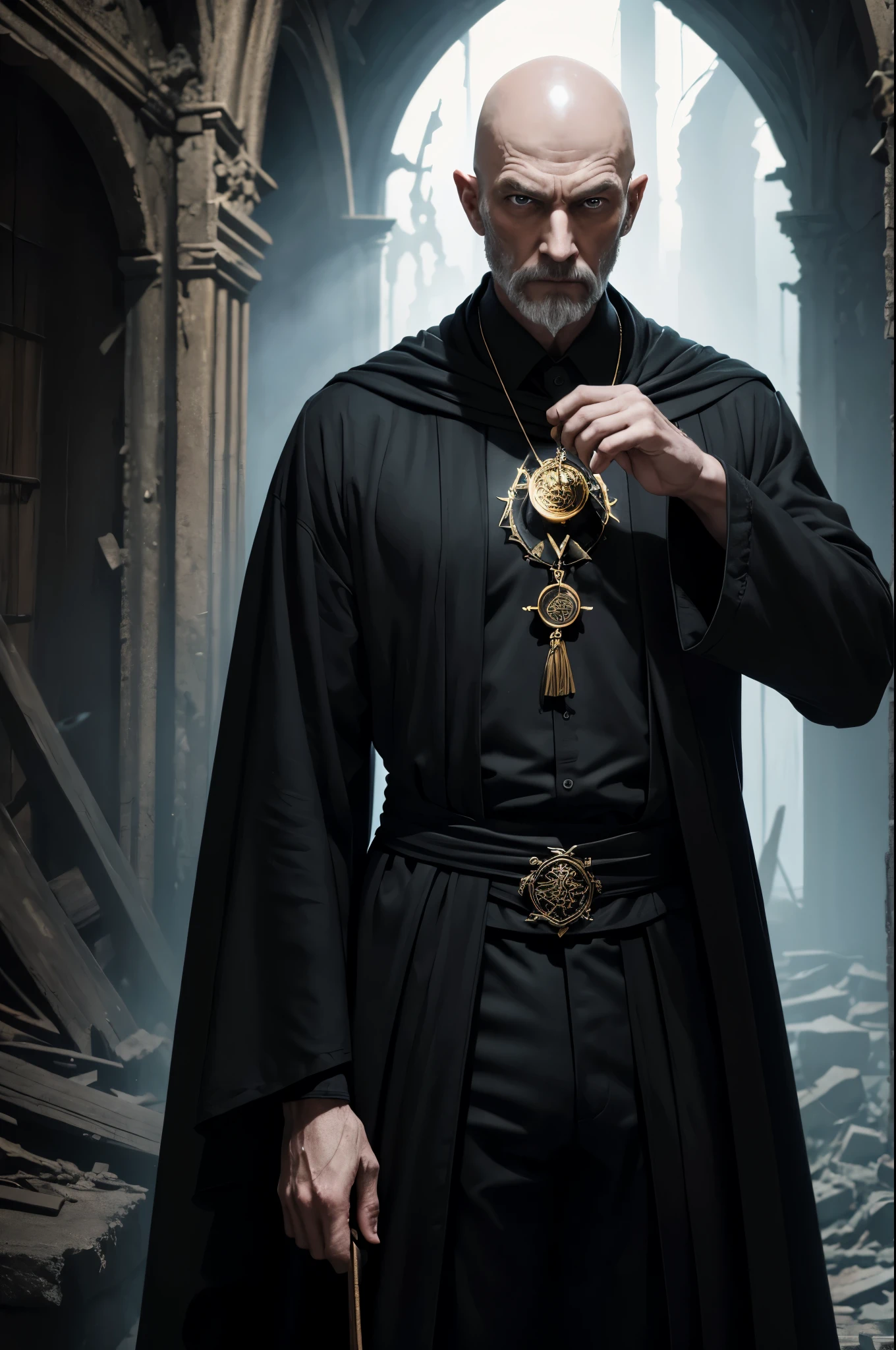 8K,Bald wizard in his 50s,The lean wizard wears flowing black robes, slender body.Rugged look(Like the real thing), pale eyes,real looking skin,A powerful beam of energy is emitted from the magician's hands.(pale magic effect),In the ruins, A monster in the ruined hallway,A place where pale light shines through a broken window.the air is thick and dark, full of mystery and magic.Acrylic paint on canvas, Accurate and vivid brushstrokes,超A high resolution,A hyper-realistic,black magic costume(magician emblem),Black pants,golden talisman,a closeup,