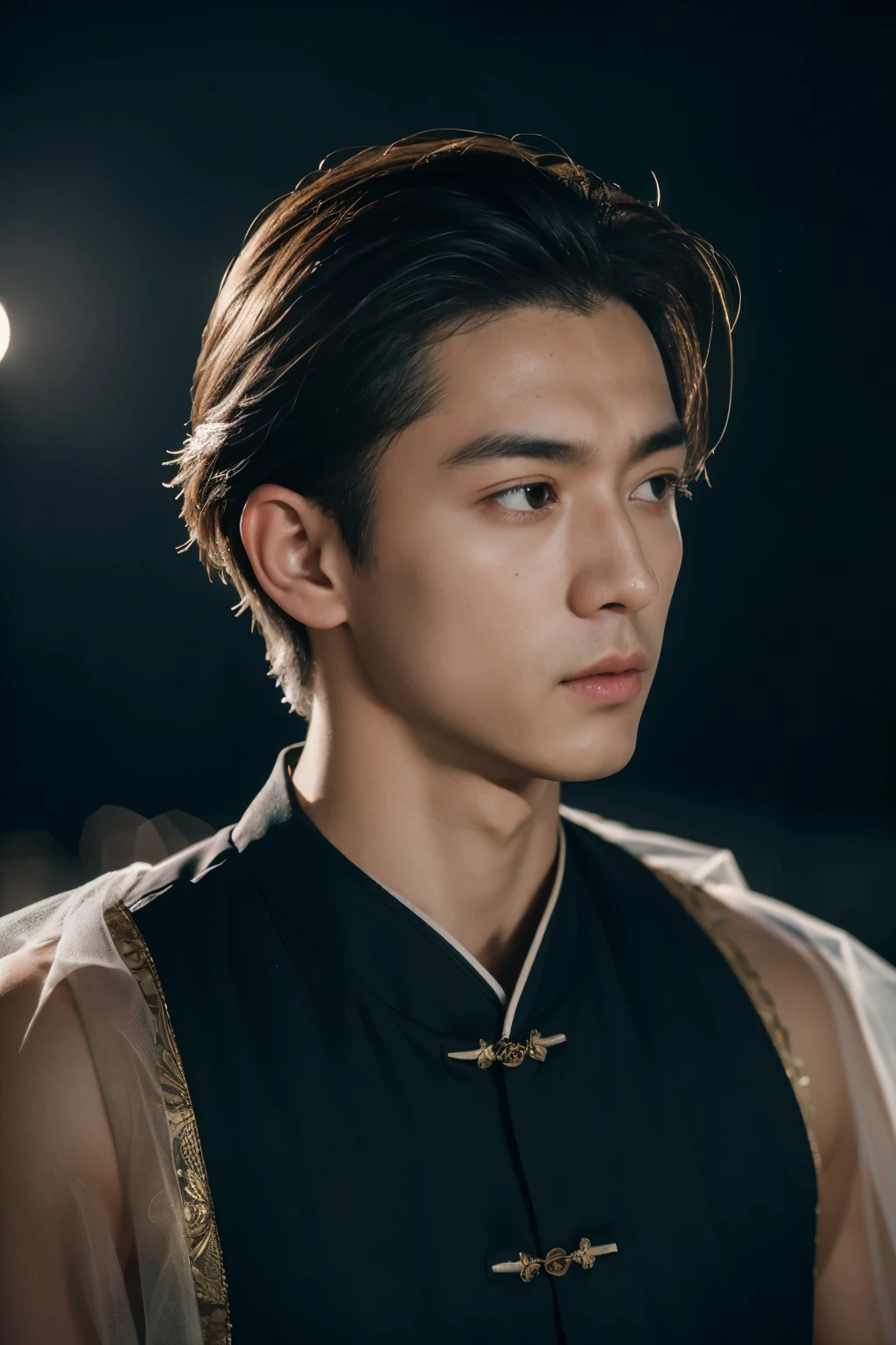 (8K, RAW photo, Highest quality),Realistic,1 man,frontage,Intricate details,Closed mouth,Muscular male,Manly,looks away,Male focus,Solo,Transparent tulle,Chinese Tang Dynasty,18-year-old man,Night sky,Soft lighting,Cinematic lighting,Portrait,Close-up,Lovingly