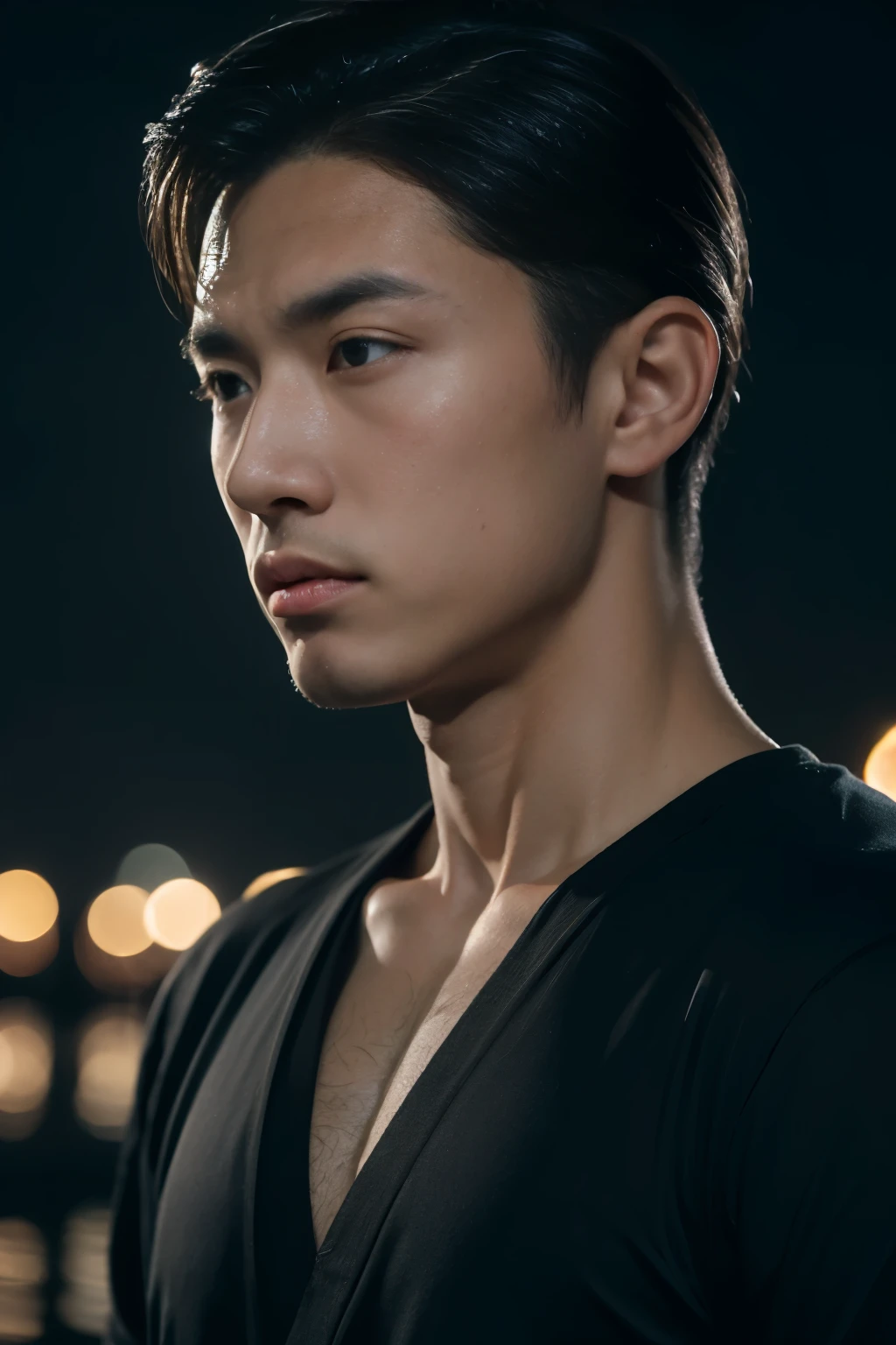 (8K, RAW photo, Highest quality),Realistic,1 man,frontage,Intricate details,Closed mouth,Muscular male,Manly,looks away,Male focus,Solo,Transparent tulle,Chinese Tang Dynasty,18-year-old man,Night sky,Soft lighting,Cinematic lighting,Portrait,Close-up,Lovingly
