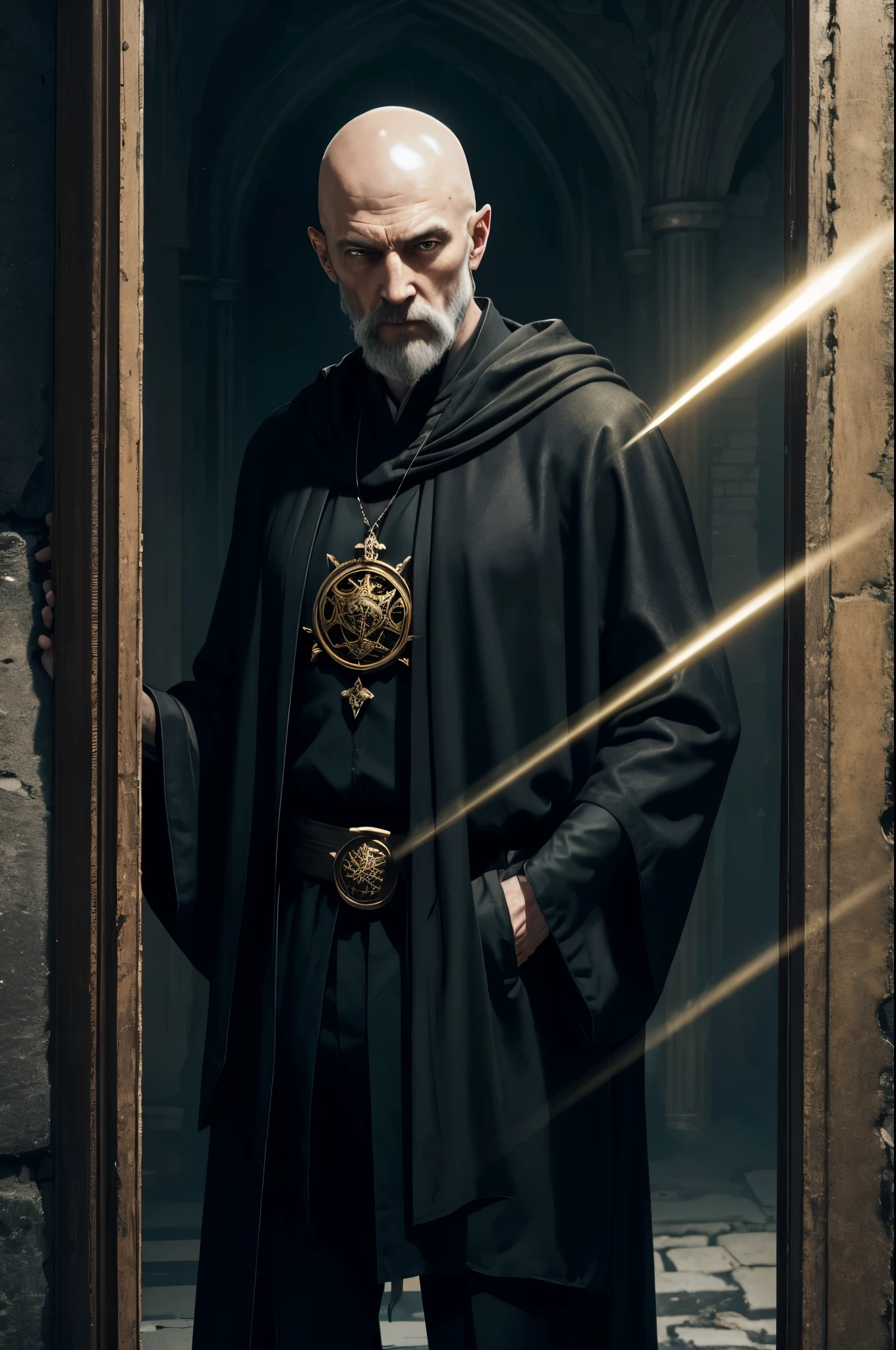 8K,Bald wizard in his 50s,The lean wizard wears flowing black robes, slender body.Rugged look(Like the real thing), pale eyes,real looking skin,A powerful beam of energy is emitted from the magician's hands.(pale magic effect),In the ruins, A monster in the ruined hallway,A place where pale light shines through a broken window.the air is thick and dark, full of mystery and magic.Acrylic paint on canvas, Accurate and vivid brushstrokes,超A high resolution,A hyper-realistic,black magic costume(magician emblem),Black pants,golden talisman,a closeup,
