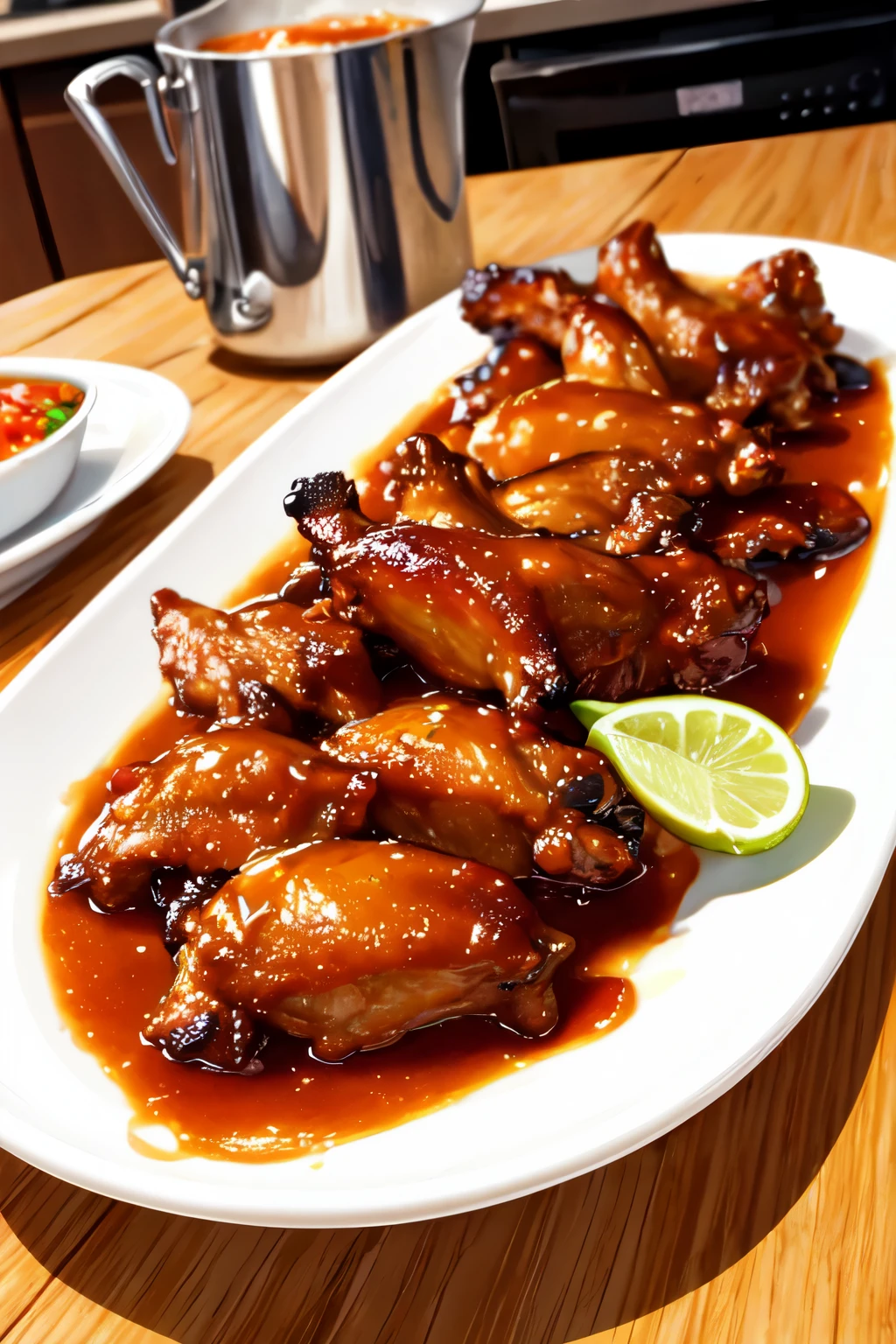 A plate full of chicken wings with gravy looking very scrumptious near kitchen mirror