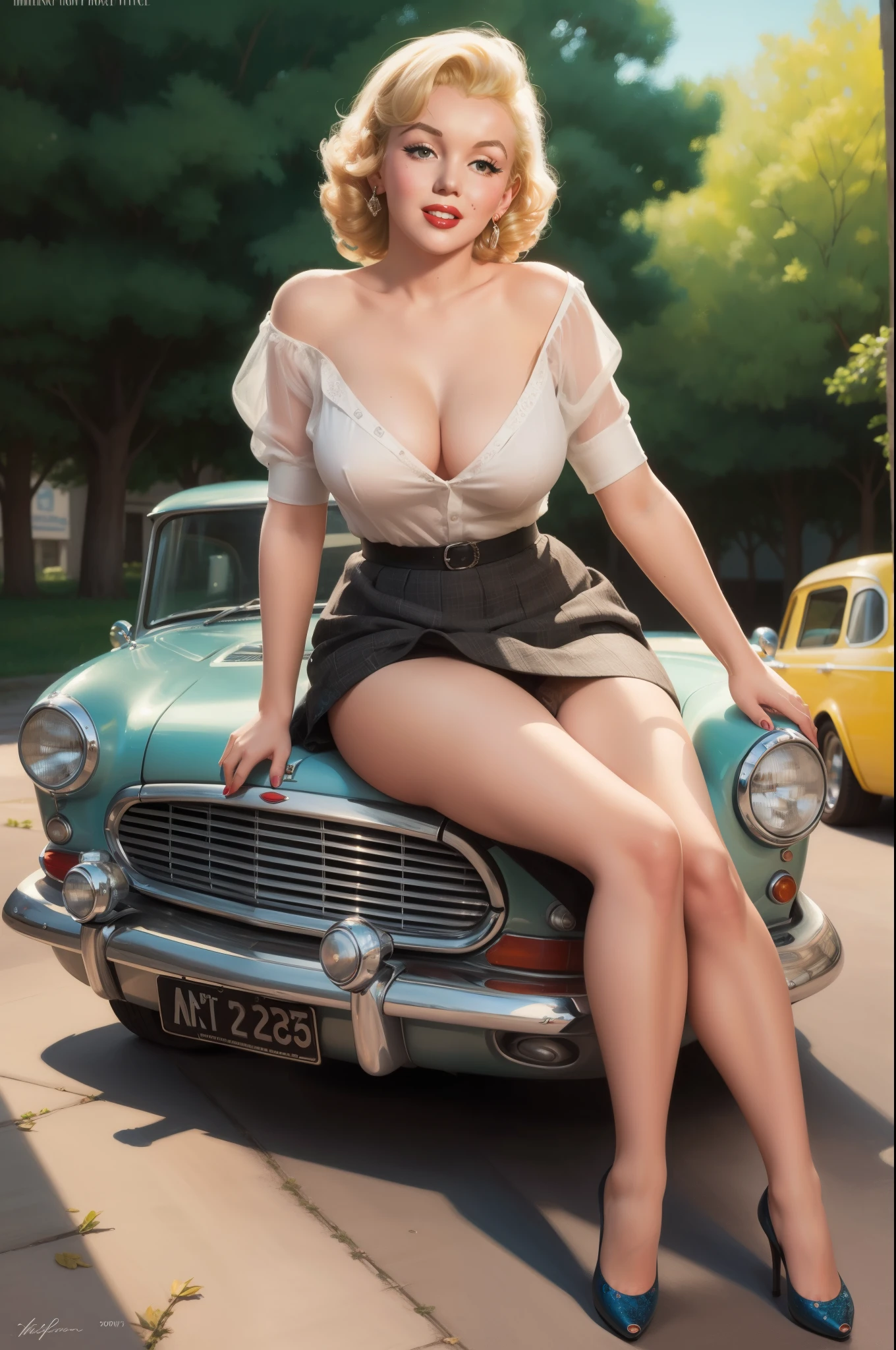 Sony Alpha a7 III photograph. 1960s 19yo Blonde pin-up girl, air stewardess, short skirt, big natural breasts, wide open top exposing tits and nipples, tanned skin, vintage airliner cockpit