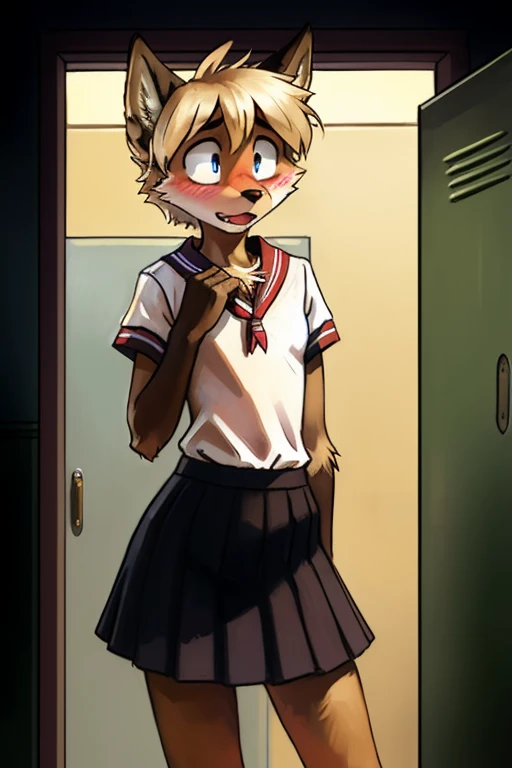 wolf, male, slender, ((twink)), detailed, uploaded to e621, beautiful and detailed portrait of an anthropomorphic boy, short hair, fauxhawk, (((male))), kenket, uploaded to e621, (detailed see-through girls school uniform, long skirt, skirt un-buttoned, thigh visible), embarrassed, ashamed, blushing, shocked expression, school locker room,