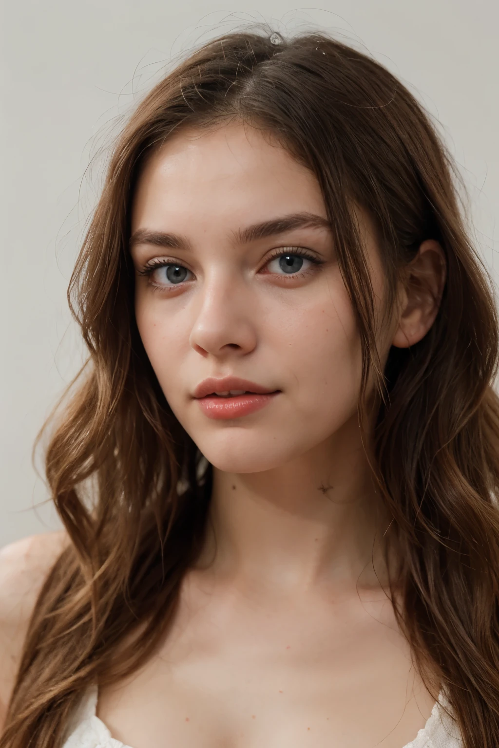 A close-up shot of a stunning blonde 20-year-old , red lips, and blue eyes, against a white background with neutral tones. The lighting should emphasize details, especially around the eyes and lips. The hair should look natural, with loose waves and a slightly tousled appearance. The facial expression should be relaxed and confident. The image should capture a soft and serene atmosphere, with the main focus on the subject's face and hair.