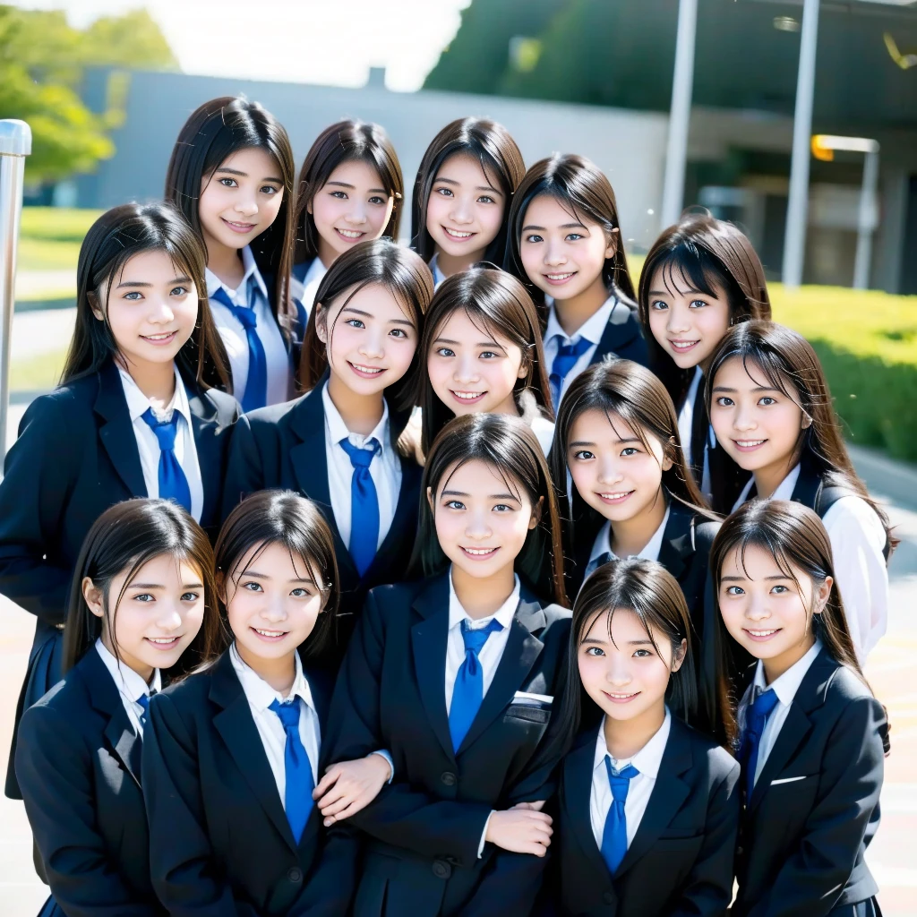 Raw photo、(((multiple girls))),((((6+girls)))),((((100girls)))),((((1000girls))))、((((100 Girls))))、Women only、The same face、((matching school uniform))、((((Large group))))、************、Long black hair、100 cute high school girls on their way to school、a smile、Commuting to school、School route、In the street、selfee、same person、University