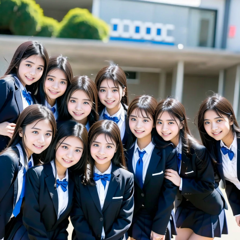 Raw photo、(((multiple girls))),((((6+girls)))),((((100girls)))),((((1000girls))))、((((100 Girls))))、Women only、The same face、((matching school uniform))、((((Large group))))、************、Long black hair、100 cute high school girls on their way to school、a smile、Commuting to school、School route、In the street、selfee、same person、University