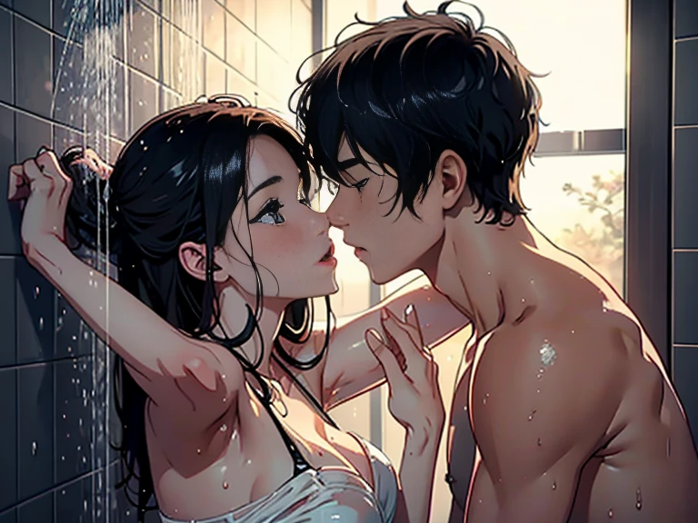 Young boy and sexy woman kissing and  out passionately in the shower, wet, sexy, hot, lustful
