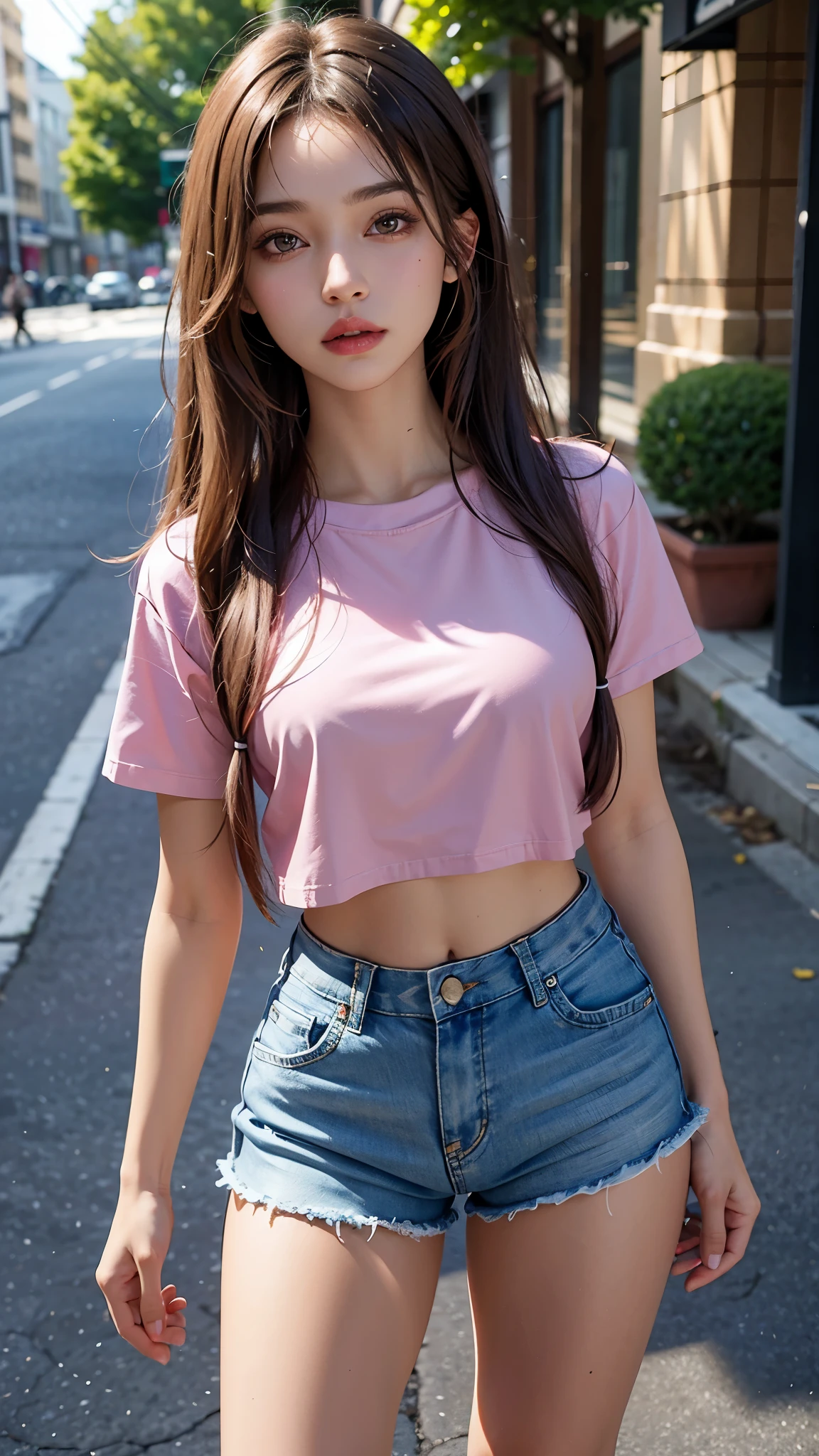 8K, masterpiece, ultra detailed, 1 girl, good face, light skin tone, very long hair, light makeup, glossy lips, small breasts, wearing pink loose half t-shirt, cropped shorts, realistic lighting, sun light, dark shadow, street background, 3d blur, front body capture,
