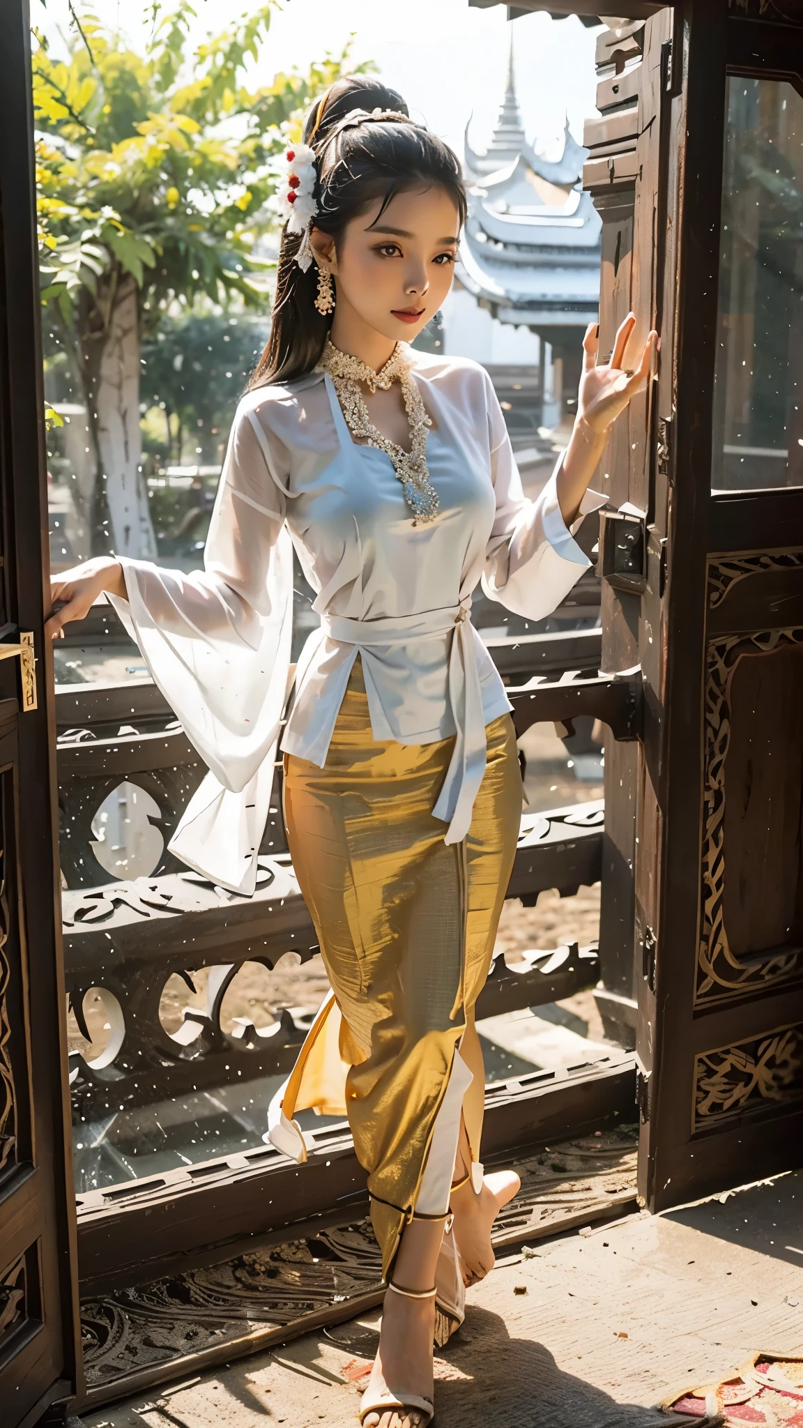 Burmese dress and graceful girl in front of Mandalay palace