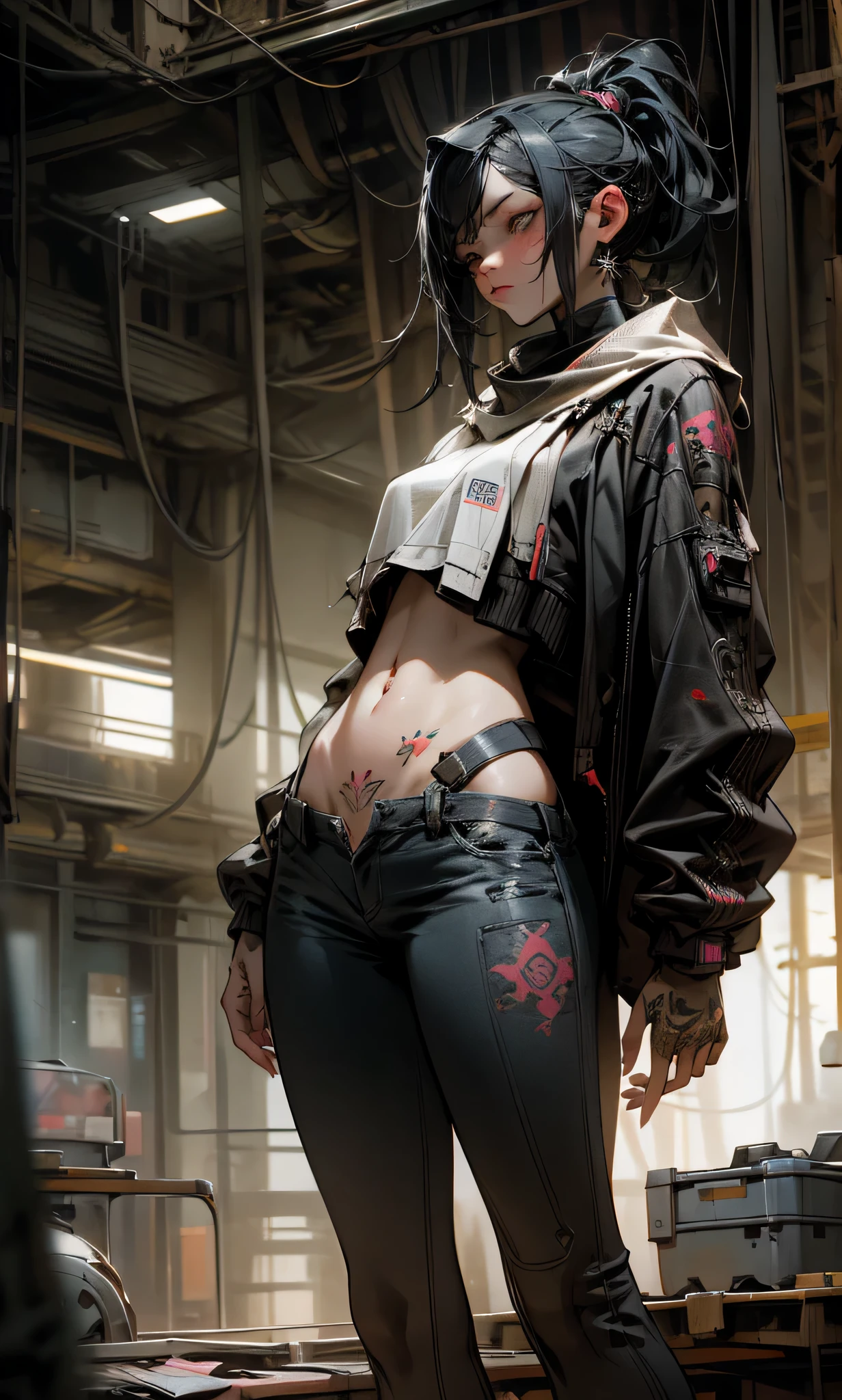 female standing flat pose, body front view, (nude 1.2), perfect slim figure, intricate details, high details, She is seen amidst her high-tech surroundings, adorned with black tattoo art and a navel piercing. The image should be a mix of digital and anime illustration, featuring a level of detail that brings the character and scene to life., the illustration features sharp focus, smooth transitions and an underlying watercolor aesthetic. cyberpunk atmosphere.", 35 mm, medium shot, studio lighting, highly detailed, octane rendering