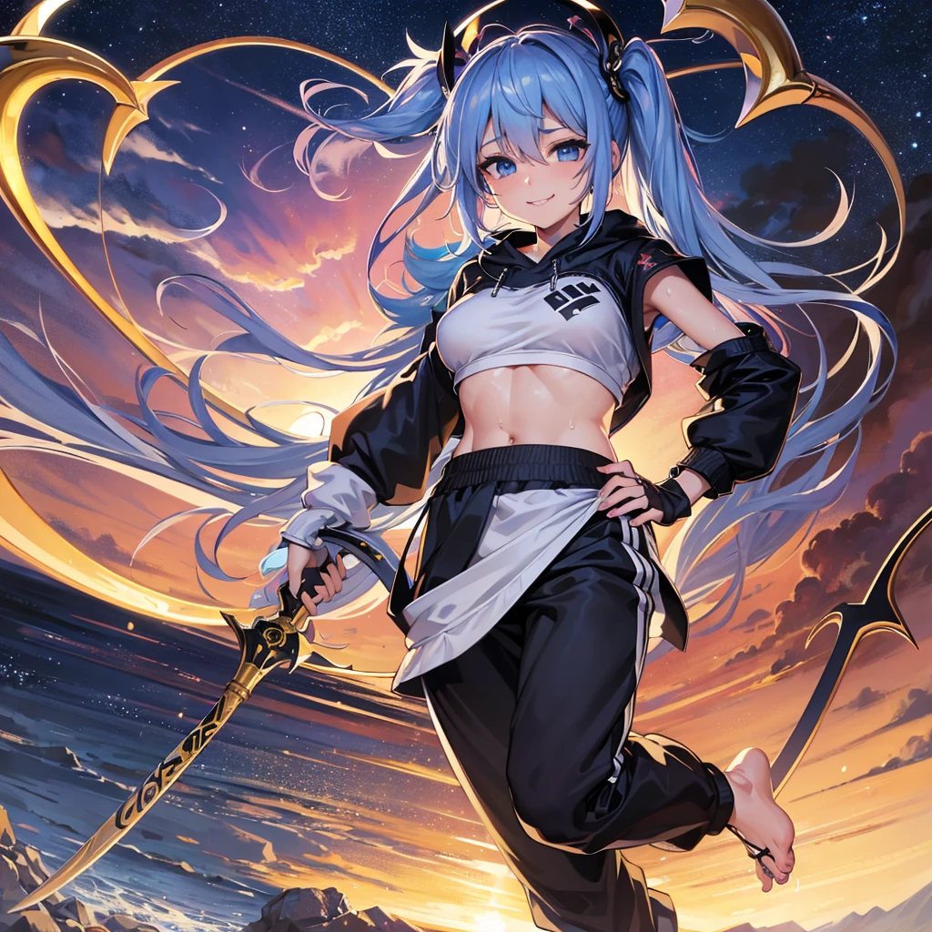 (absurderes、hight resolution、ultra-detailliert)、​masterpiece、top-quality、Girl with a scythe、独奏、miku hatsune、Twin-tailed、blue eyess、ear piercinginely eye and detailed face、((Joggers、sweat pant、sandal))、Sickle design、Complex scythe、Fantasy scythe、evil smile、Dramatic skies、Isolated land、looking-down、spark of light、whirlpool、Um ser celestial、Full of elements,