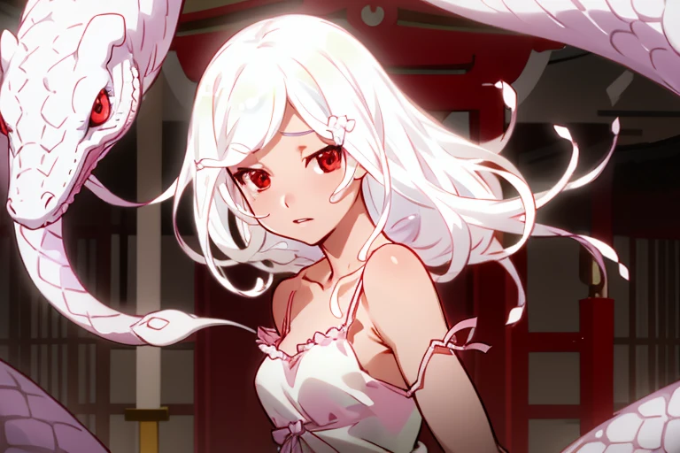 1girl in，Detailed details，White snakeの頭髪，long head of hair，無数のWhite snake，camisole，White dress，frilld，Pink ribbon，White scrunchie on one arm，Red eyes，White snake，The background is a shrine，Face Up