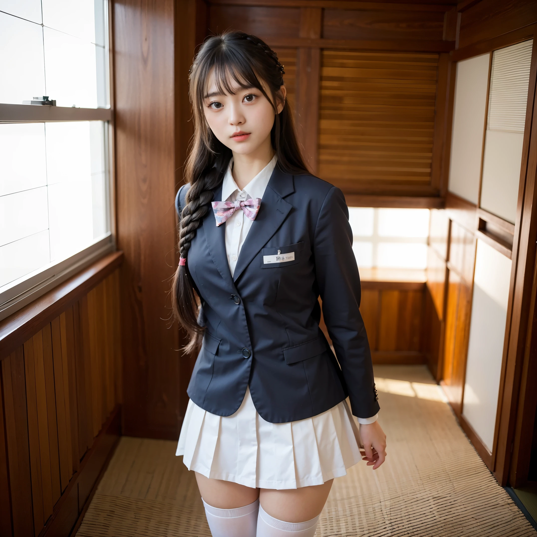 a girl standing,RAW photos,8K,HighestQuali, 超高分辨率,Beautiful face details,Real human skin,is shy expression,up front view,Twist braids,realisticlying,realisticlying,is shy,White stockings,cute female student,Japanese schoolgirl uniform,Wearing a Japanese school uniform,校服,Surreal high school girl,(full bodyesbian: 1.1.8),wearing boots