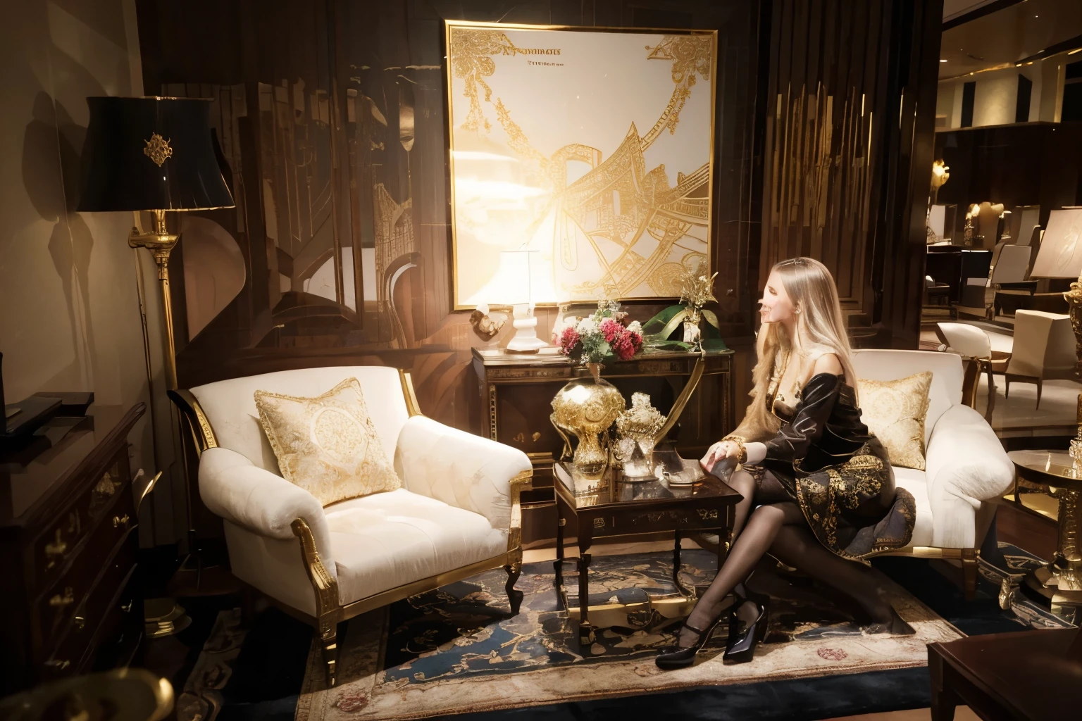(Best quality, 8k, 32k, Masterpiece, UHD:1.2) "Imagine a sumptuous and opulent hostess Club's lounge exuding regal sophistication and extravagant grandeur. Envision lavish and ornate furnishings, perhaps velvet or silk upholstered sofas and armchairs in deep jewel tones like royal blue, emerald green, or deep crimson. Adorn the space with intricate carvings, gilded frames, and ornamental details that evoke a sense of royal splendor. Incorporate elements of classic luxury, such as elaborate chandeliers, intricately patterned rugs, and marble flooring exuding sophistication. Display ornate vases with fresh flowers or extravagant floral arrangements, adding a touch of refinement to the ambiance. Integrate elements inspired by royalty, such as portraits or symbols of crowns, scepters, or coats of arms subtly incorporated into the décor. Illuminate the space with soft, warm lighting that accentuates the richness of the surroundings, enhancing the feeling of elegance and opulence."