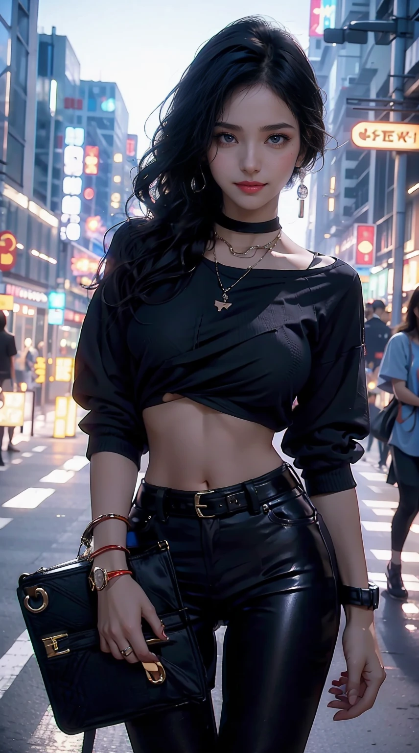 27-year-old woman、Hair is black、Eye color is indigo、Longhaire、My hair is wavy、accessories on the wrist、wearing a choker、a smile、The navel is out、huge tit、My abs are cracked、slim muscular body、I don&#39;t want my head to disappear from the screen.、I&#39;m punching my chest、Shiny skin、She&#39;s wearing a black T-shirt that shows her underboob.、I'm wearing black leggings、I'm wearing high heels、Have a clutch bag、I&#39;m in front of the boutique show window、a smile