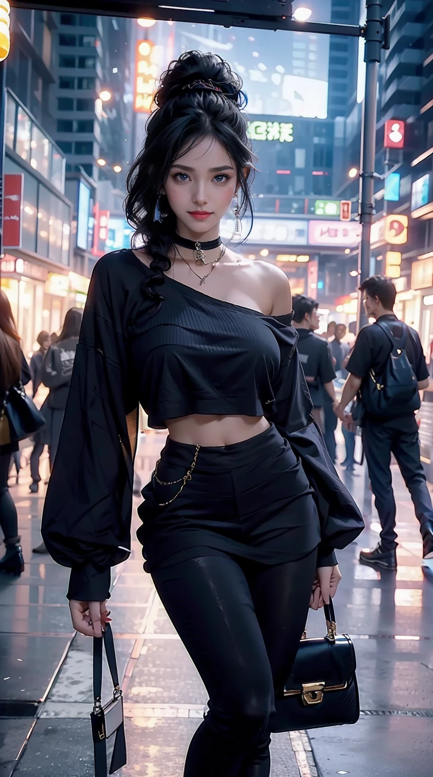 27-year-old woman、Hair is black、Eye color is indigo、Longhaire、My hair is wavy、accessories on the wrist、wearing a choker、a smile、The navel is out、huge tit、My abs are cracked、slim muscular body、I don't want my head to disappear from the screen.、I'm punching my chest、Shiny skin、She's wearing a black T-shirt that shows her underboob.、I'm wearing black leggings、I'm wearing high heels、Have a clutch bag、I'm in front of the boutique show window、a smile