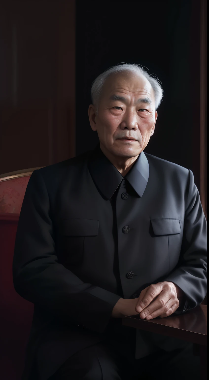 A North Korean grandfather sits in a country house on a dark night, wearing black clothes, with only a candle lit, looking straight ahead with a worried face.