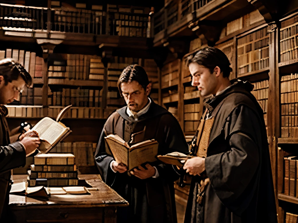 photo realistic great medieval library in a castle with ancient books on the shelves, three younger men inquire of some parchment scroll from old man librarian.
