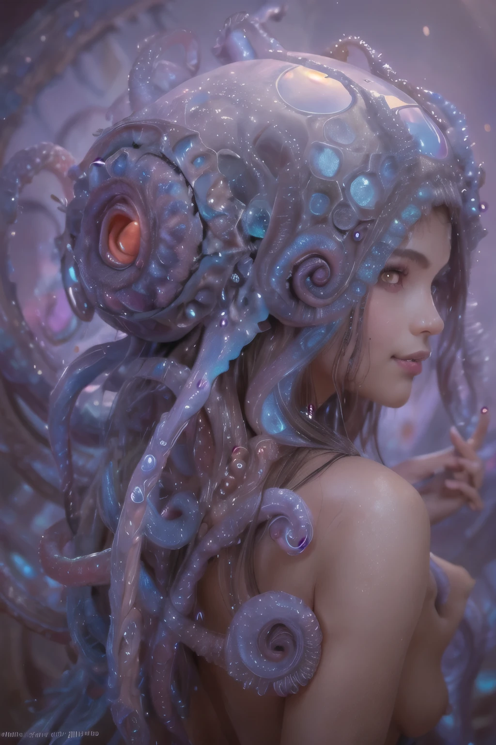 Portrait, (beautiful female alien:1.2), (she has red eyes with no pupils:1.8), (Translucent skin:1.7), (There is a female genital-like organ in the middle of the forehead:1.9), (The most beautiful face in the history of the universe:1.2),an evil gaze that seduces, (large mouth:1.1), (sharp teeth like a vampire:1.2), Full body like, (bio luminescent:1.5), (Smile wickedly:1.3), (sexypose:1.5), alien, No humans, cells are fused, (Lots of translucent tentacles:1.3) extraterrestrial, cell, bio image, Best Quality, 8K,4K_quality, High Definition, Dramatic Lighting, masutepiece:1.5,cinematic quality, detail up, (Intricate details:1.2), High resolution, High Definition, drawing faithfully, (Thick eyebrows:1.2), Beautiful eyes with fine symmetry,(Highly detailed face and eyes:1.2), Intimate face, (Super detailed skin quality feeling:1.4), Perfect Anatomy, (Beautiful toned body:1.5), (Moist skin:1.2), No makeup, (dark circles:1.1), long canines, cinematic drawing of characters, ultra high quality model, cinematic quality, detail up, (Intricate details:1.2), High resolution, High Definition, drawing faithfully, Official art, Unity 8K wall , 8K Portrait, Best Quality, Very High resolution, ultra detailed artistic photography, midnight aura, unreal enginee 5, Ultra Sharp Focus, art by alberto seveso, ArtGerm, Roisch, intricate artwork, best quality, masutepiece, ultra High resolution, (photos realistic:1.4), Ultra-realistic realism, dream-like, nautilus, Creation of fantasy, Snail, Dream Snail, biopunk nautilus, Thrilling color schemes, Ultra-realistic realism, seductively smiling, Blue tentacles,