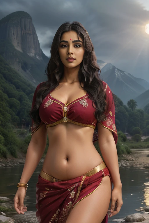 Beautiful young indian woman, village, wearing saree, river and mountain landsape, moonlit night,  age, detailed face, detailed body, symmetric face, cute, iconic, photorealistic, big breasts, big belly, belly piercing, soft body, wavy hair, masterpiece, 8k, ultra realistic, detailed background, palace, god rays, ambient occlusion