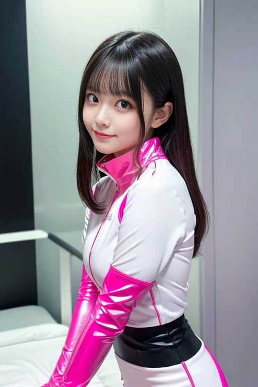 (Place your index finger on your chin, bend the index finger, Shiny rubber suit, gazing at viewer, Leaning forward, 1 girl, Looking at Viewer, from the front side, facing straight at viewer, white clothes, pink line in the clothes, pink line at waist, White Gloves, futuristic spacesuit, Inside the spaceship restraint bed room), Smile, Upper body, body suit, Mini Pencil Skirt, High neck clothing, Hide the neck, drooping eyes, Head tilt, masutepiece, Best Quality, an extremely cute girl, 18 years old, Black hair
