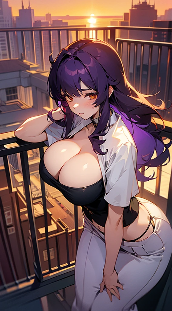 top view, girl, big boobs, cleavage, big hips, messy dark purple hair, orange eyes, balcony, leaning on the railing, sunset