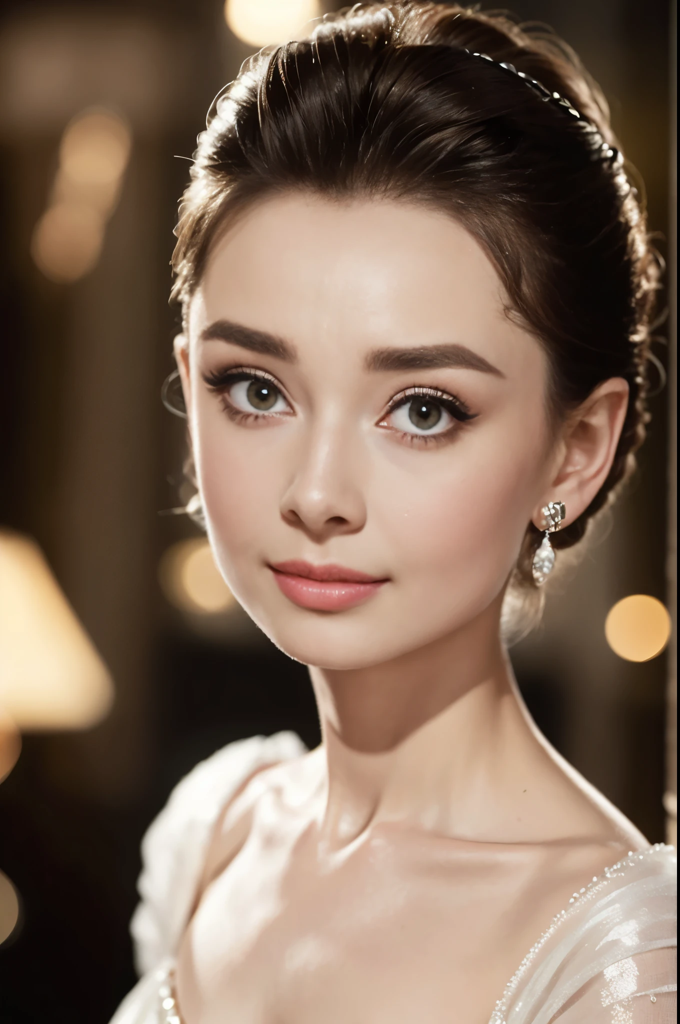 (8K, Best Quality, Masterpiece: 1.2), (Realistic, Photorealistic: 1.37), Super Detail, Solo, 1 Girl, Young and Beautiful Audrey Hepburn, Anti-aging, (Skin Dent: 1.2), (Big: 1.rofessional Lighting, Bokeh), (Blouse: 1.ortate: 0.8), Gorgeous, Bloom, Floating Hair, medium breast, (Light particles, Lens Flare, Luminous particles: 0.6), (Dynamic Pose), Specular Lighting, Soft Lighting, Head Tilt, Daylight, Viewing Viewer, Depth of Field, (Small Head: 1.43), %https://numpaints.com/wp-content/uploads/2020/08/Audrey-Hepburn-Portrait.jpg