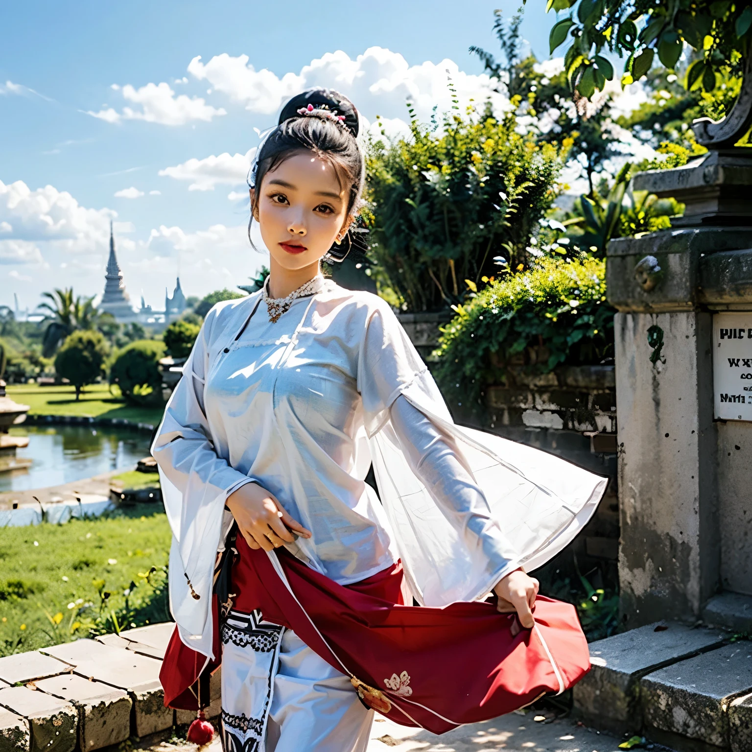 Burmese dress and graceful girl in front of palace garden