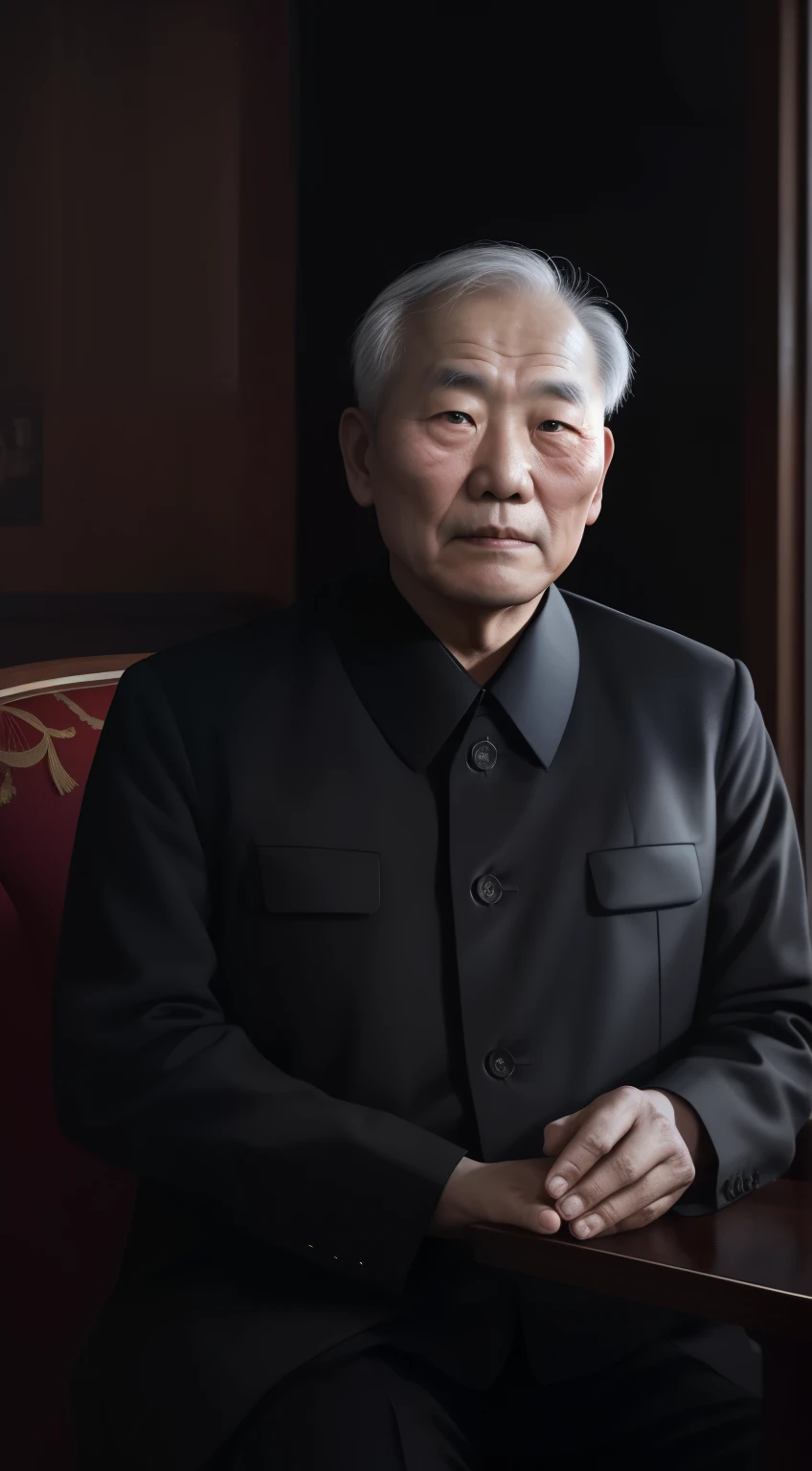 North Korean grandfather sitting in his country house on a dark night, wearing a black clothes, Light just one candle, Looking straight ahead with a worried face.