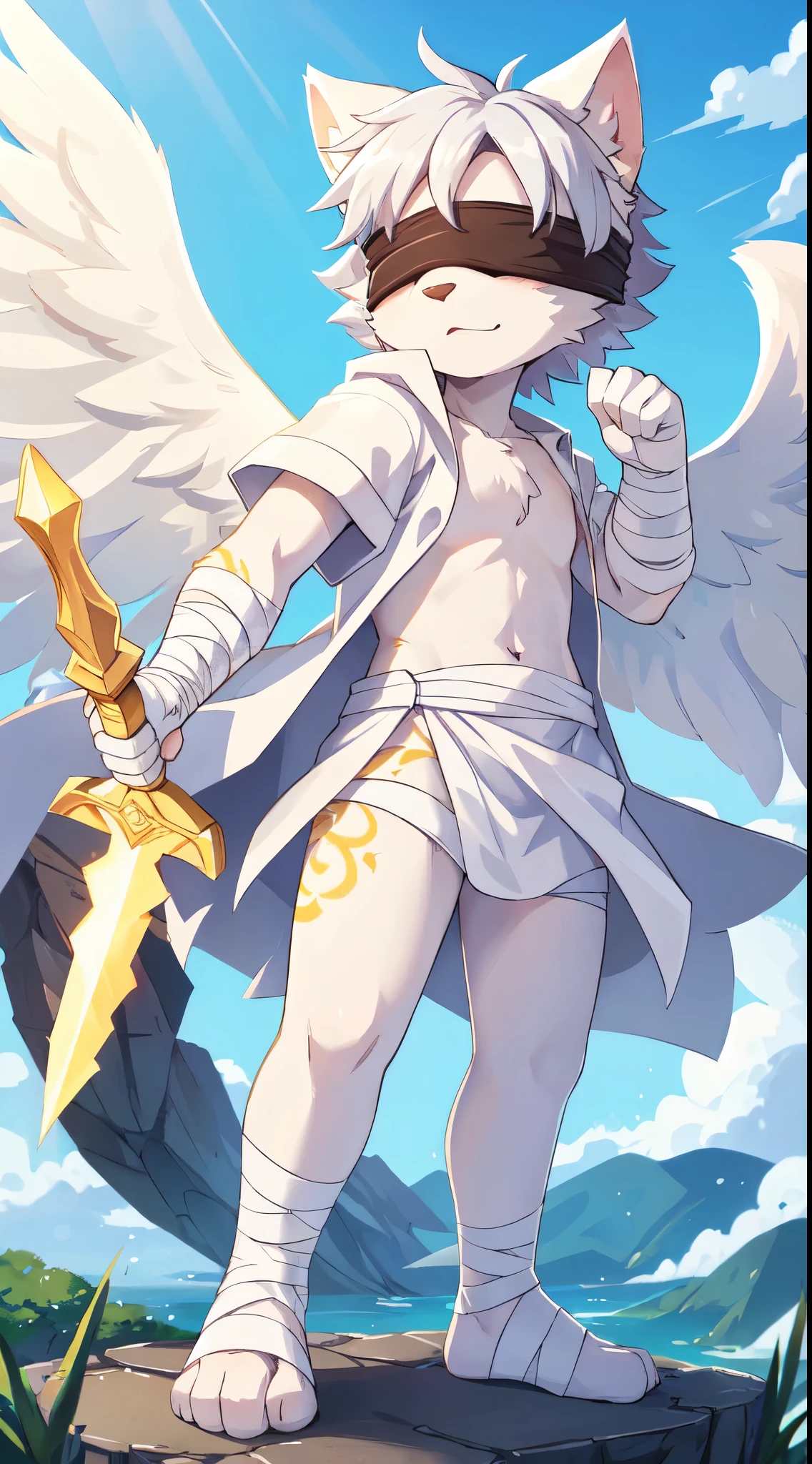 Furry boy, cat, white body fur, spiky hairstyle, silver hair, ((blindfolded, body bandages, white toga with golden pattern, open clothes)), white wings, angel, full body, feets whit three toes, :3, detailed body fur, detailed body, detailed face, glistering body, shiny body, clear sky, heaven, gorgeous body, masterpiece, high quality, standing, holding a light sword, action pose,