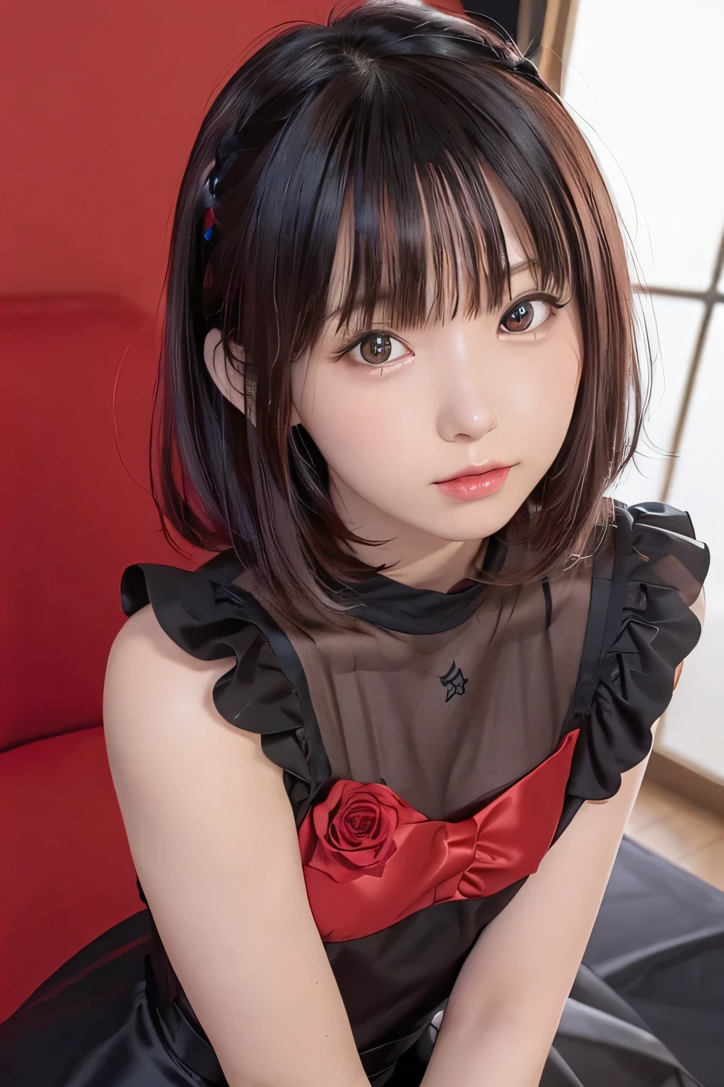 (Best Quality, masutepiece), (1girl in, Solo, Black Dress, Standing , Looking at Viewer, black and red hair, Red Eyes, Rose, Closed mouth, Upper body), Red flower, 1girll、flat body、Slimed、cute little、、 (Background bokeh)、(Glow:1.3)、
