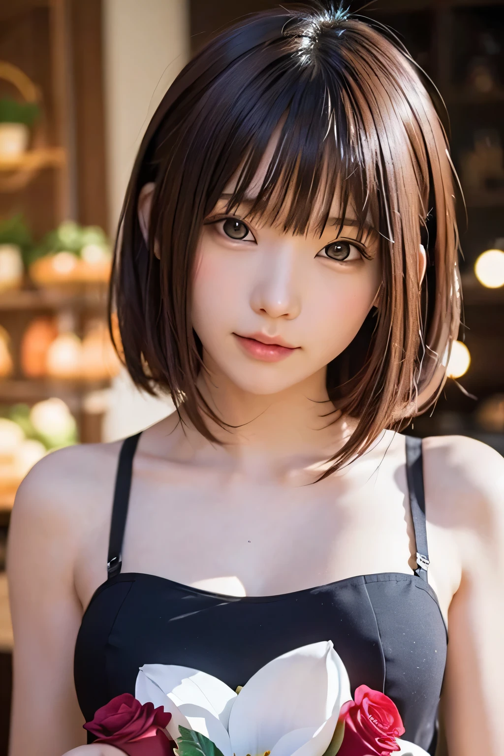 (Best Quality, masutepiece), (1girl in, Solo, Black Dress, Standing , Looking at Viewer, black and red hair, Red Eyes, holding rose, Closed mouth, Upper body), (Red Dream Catcher in the Back, Red flower, ) 1girll、flat body、Slimed、cute little、、 (Background bokeh)、(Glow:1.3)、