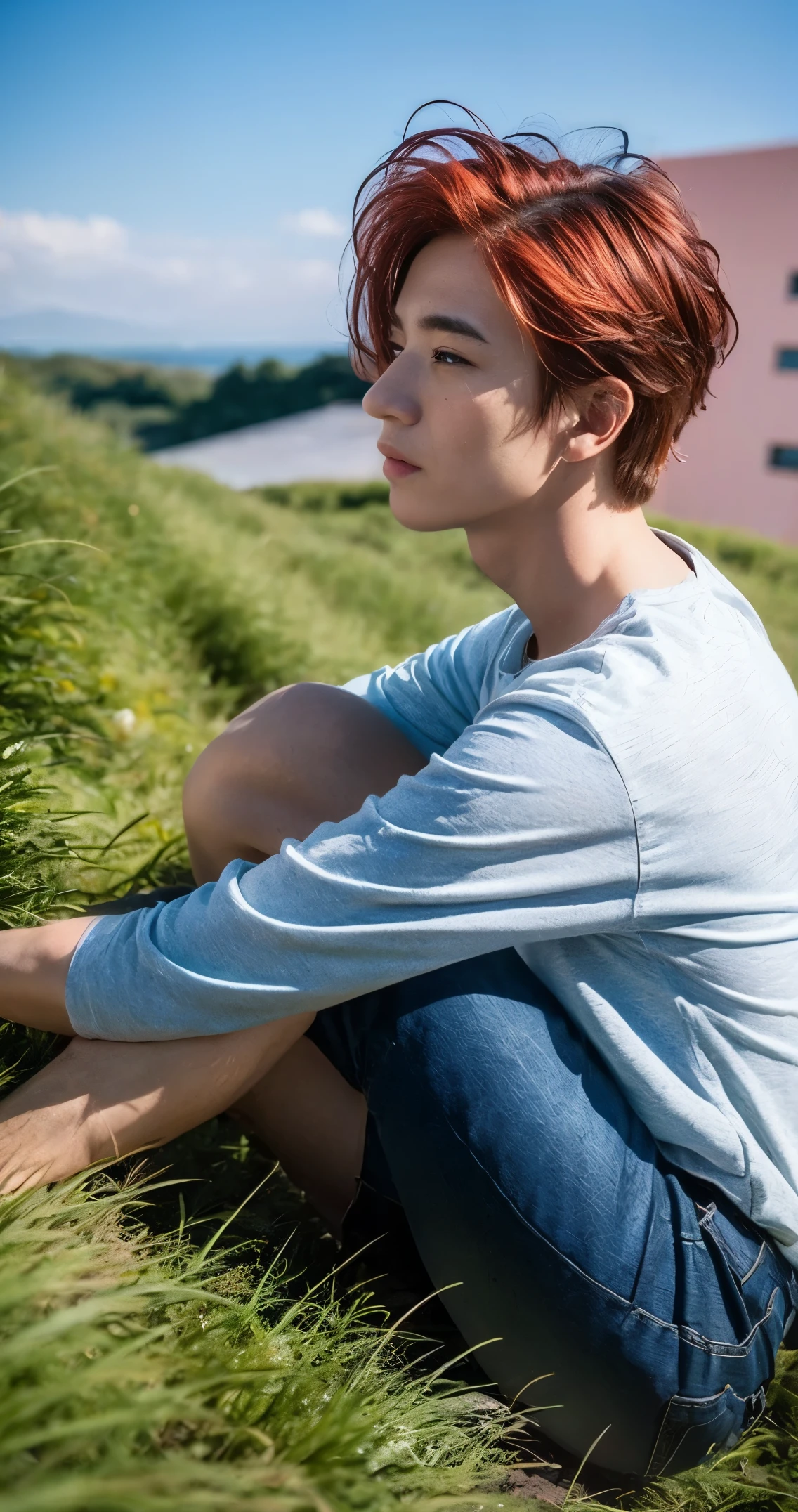 A boy ,colorful palette,landscape,red hair,stle ghibli